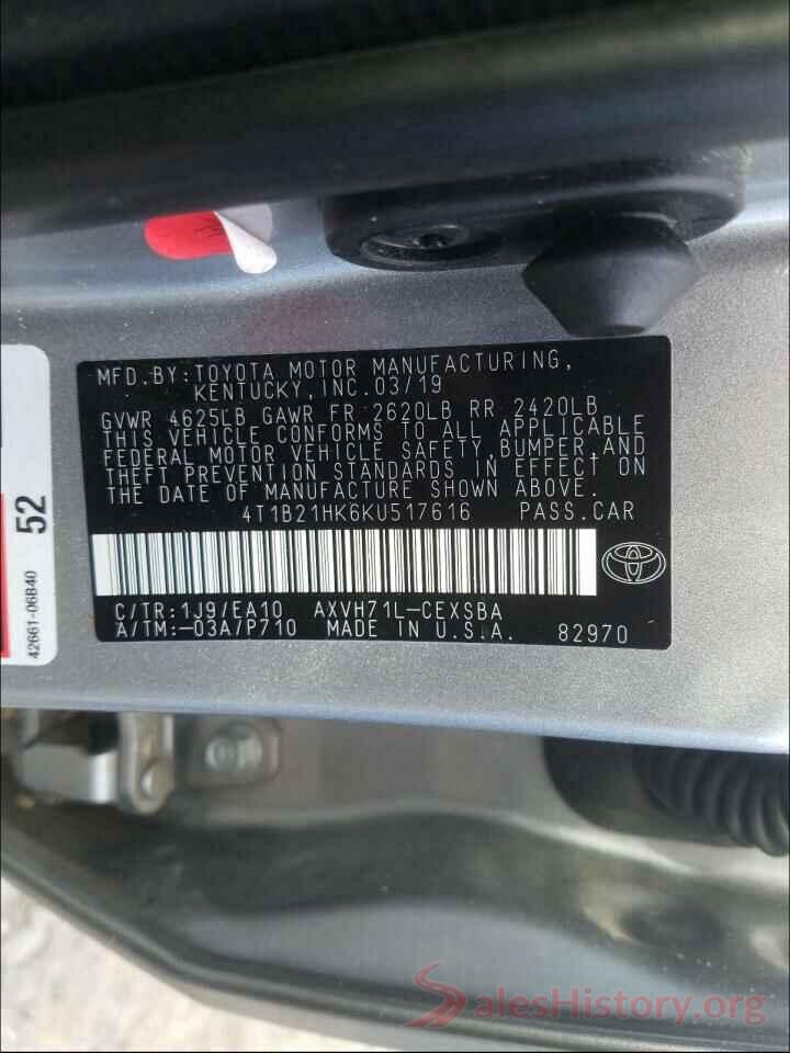 4T1B21HK6KU517616 2019 TOYOTA CAMRY