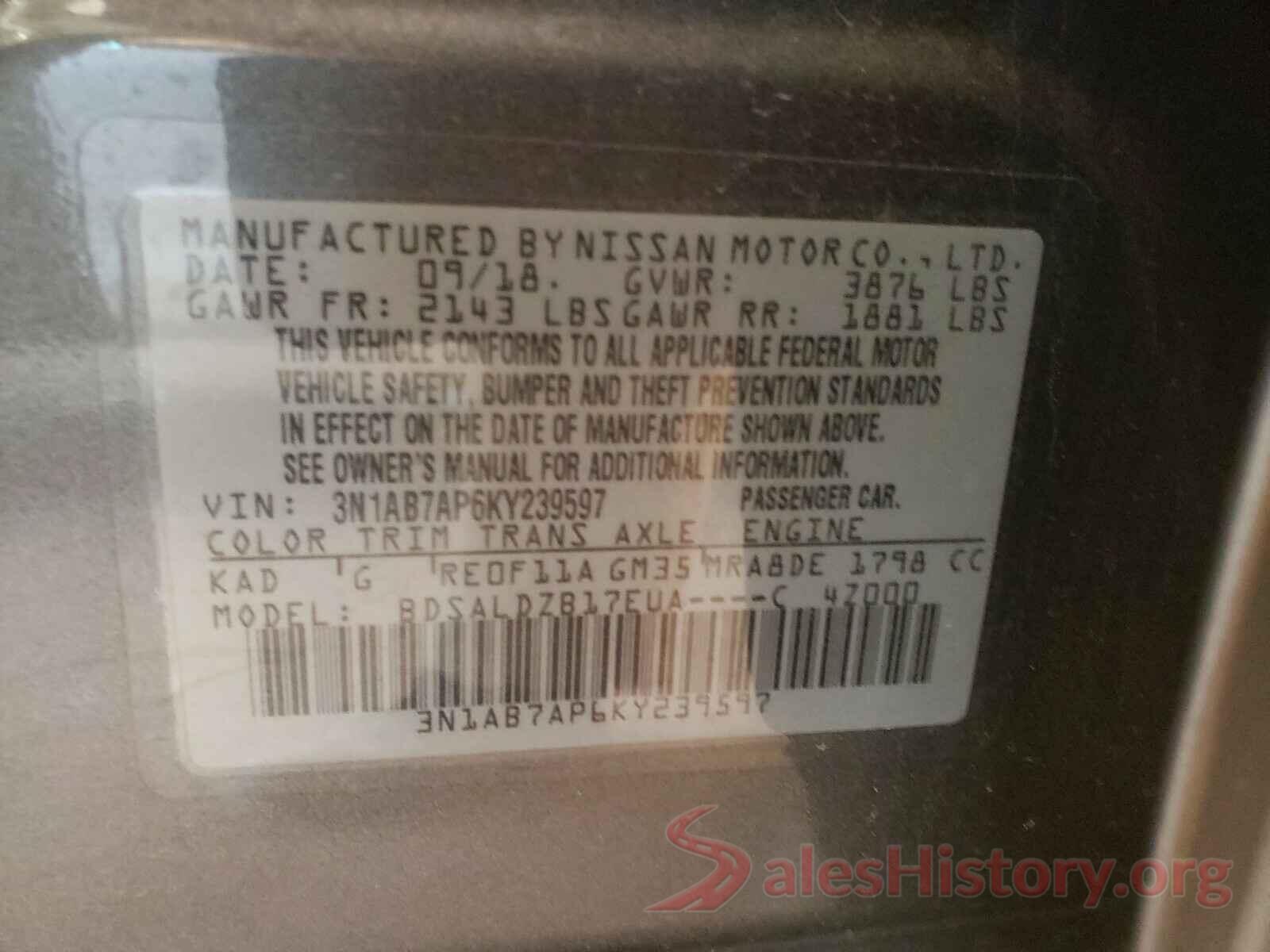 3N1AB7AP6KY239597 2019 NISSAN SENTRA