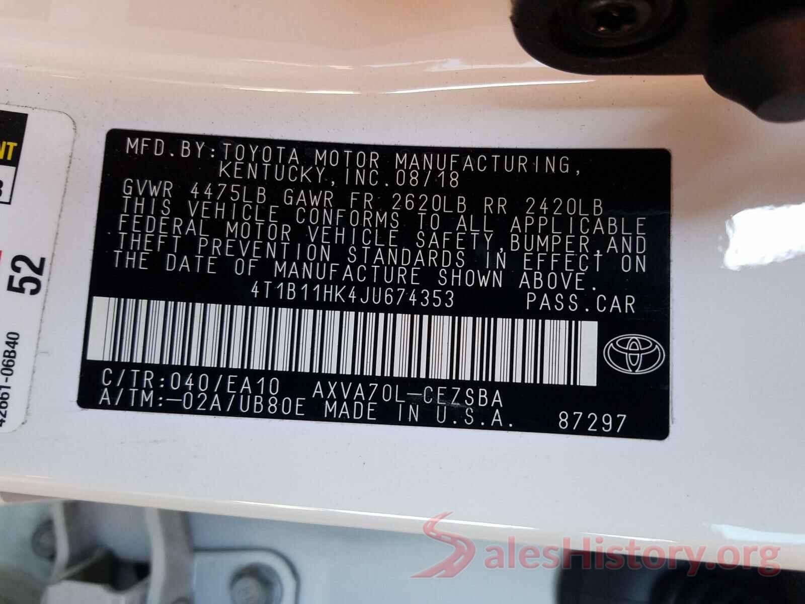 4T1B11HK4JU674353 2018 TOYOTA CAMRY