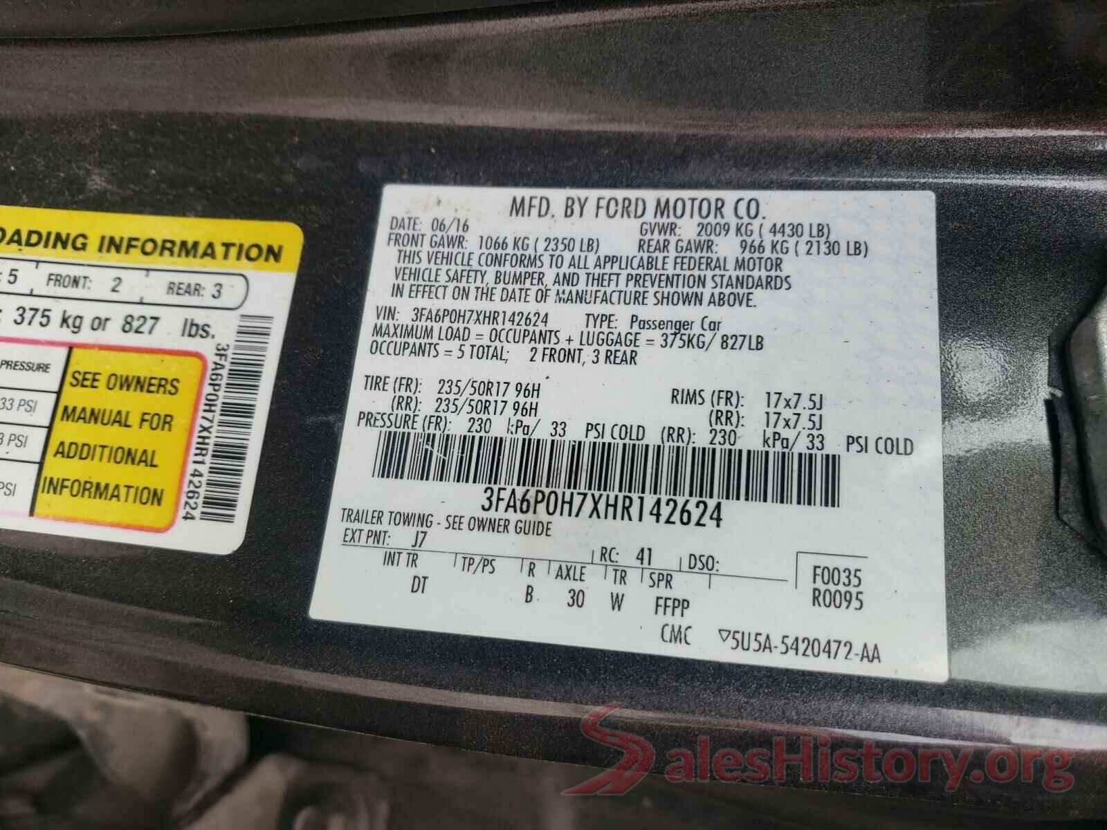 3FA6P0H7XHR142624 2017 FORD FUSION