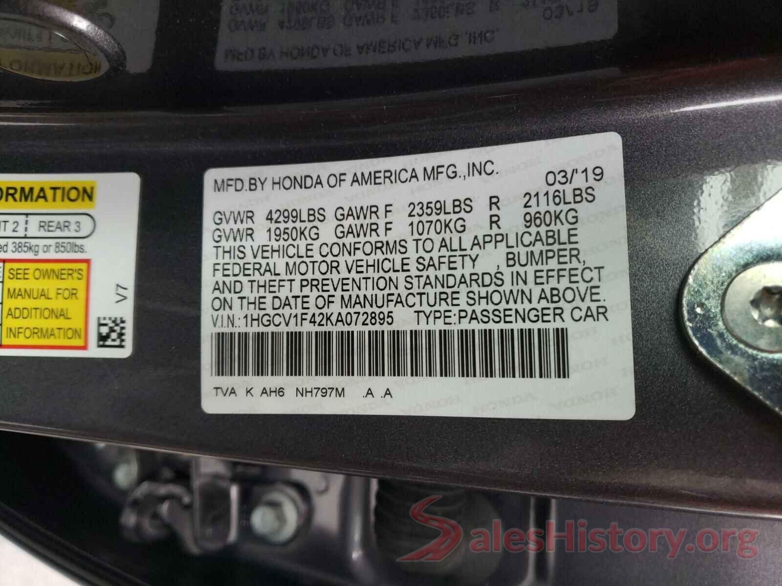 1HGCV1F42KA072895 2019 HONDA ACCORD