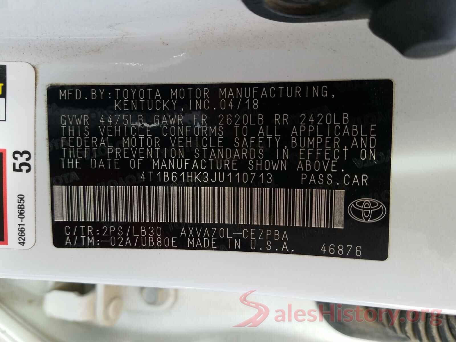 4T1B61HK3JU110713 2018 TOYOTA CAMRY