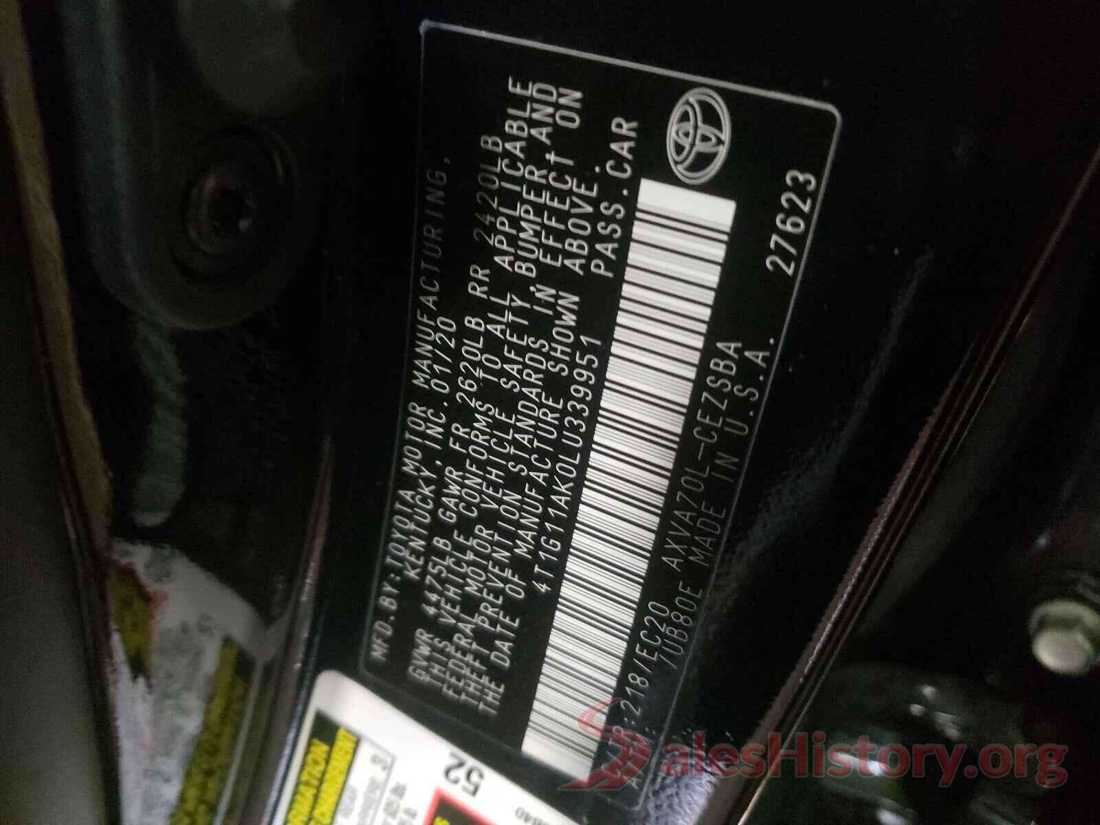 4T1G11AK0LU339951 2020 TOYOTA CAMRY