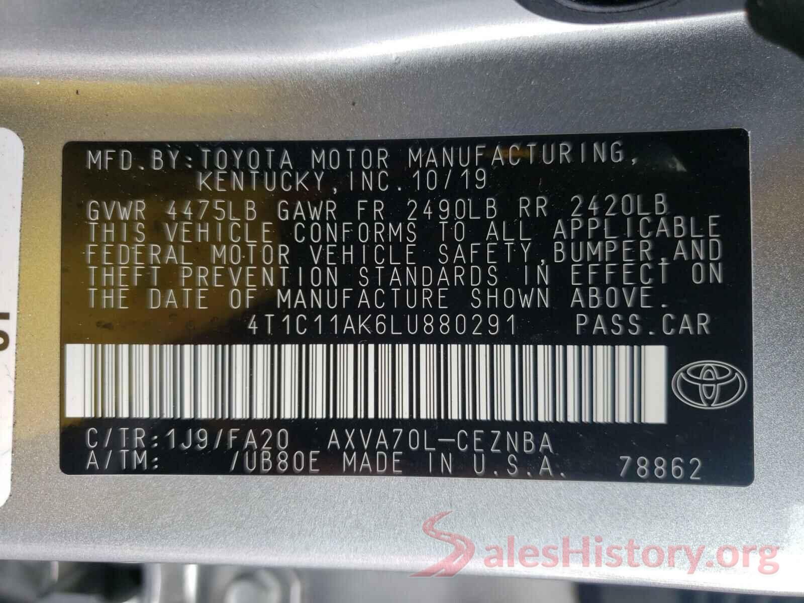 4T1C11AK6LU880291 2020 TOYOTA CAMRY