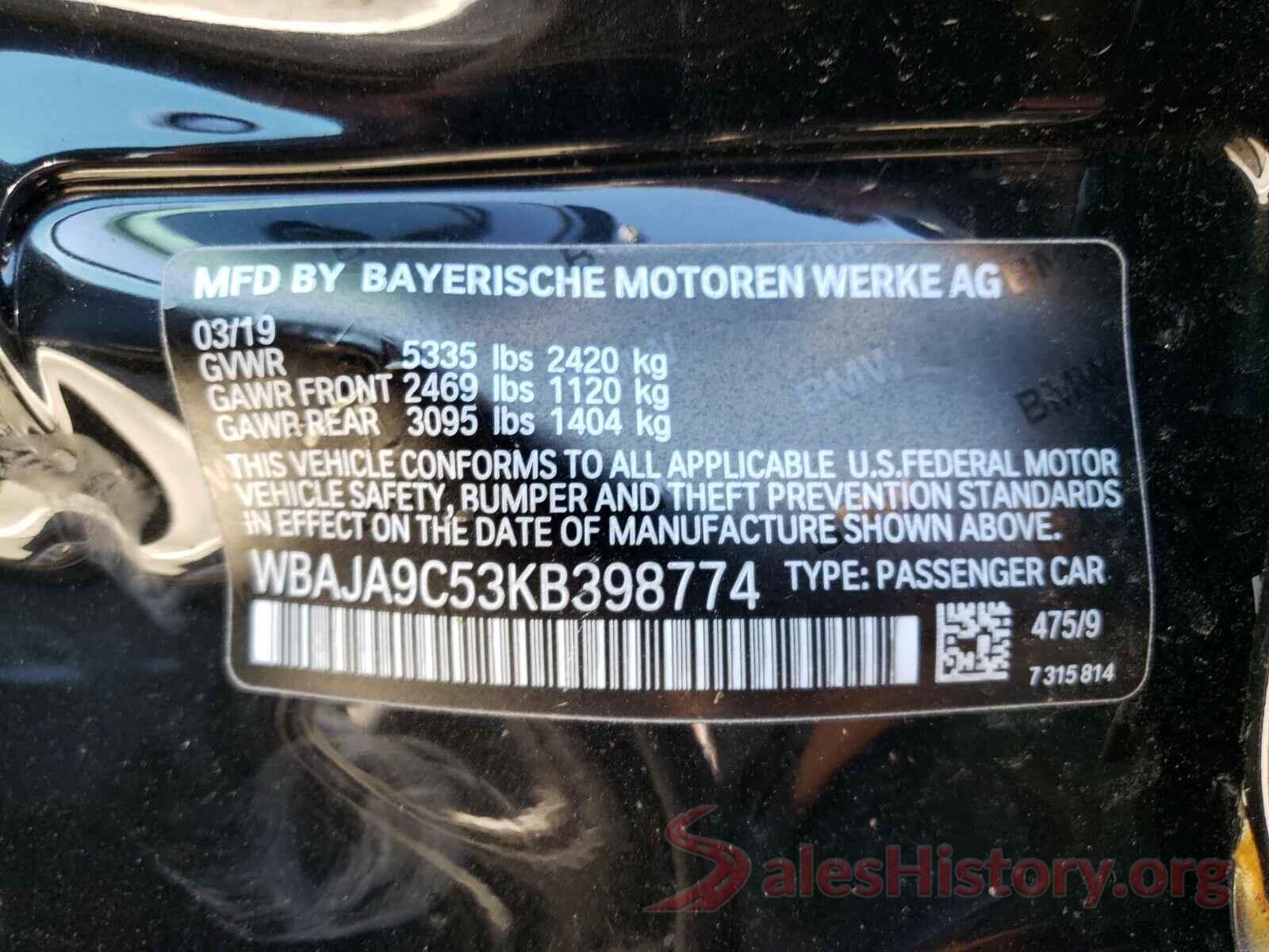 WBAJA9C53KB398774 2019 BMW 5 SERIES