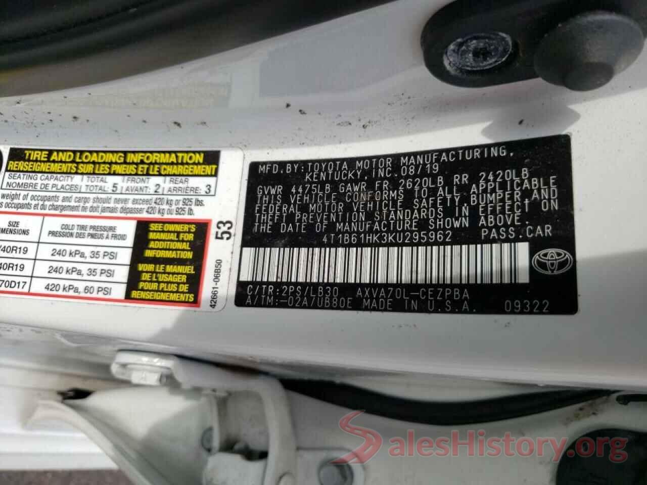 4T1B61HK3KU295962 2019 TOYOTA CAMRY