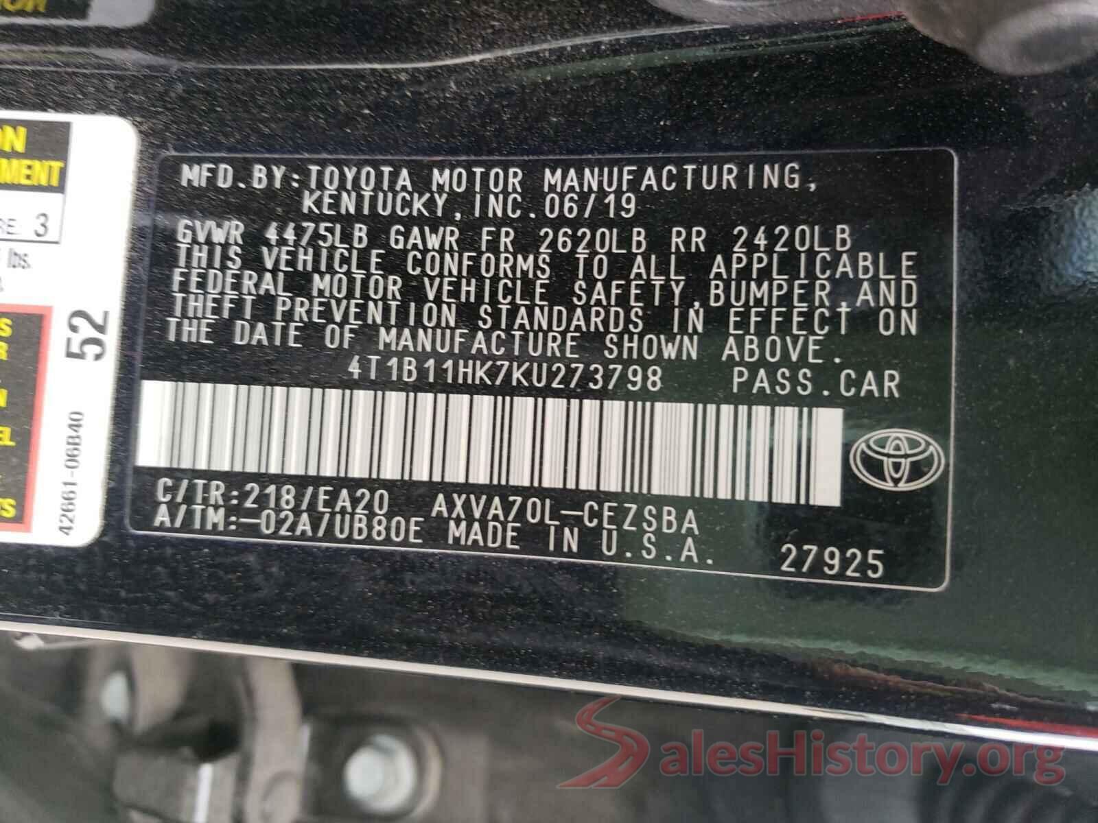 4T1B11HK7KU273798 2019 TOYOTA CAMRY