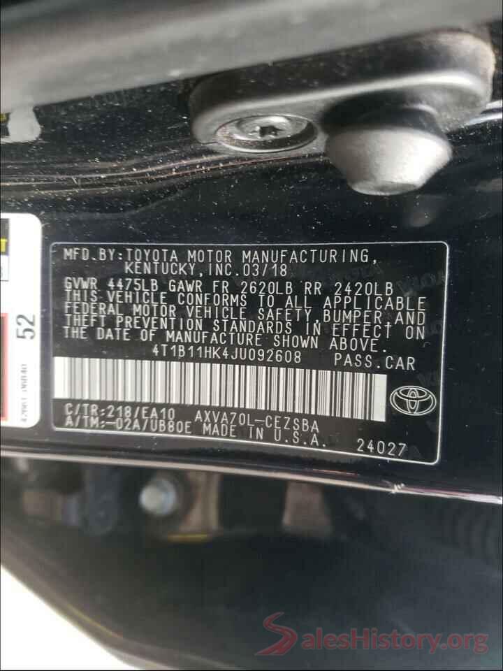 4T1B11HK4JU092608 2018 TOYOTA CAMRY