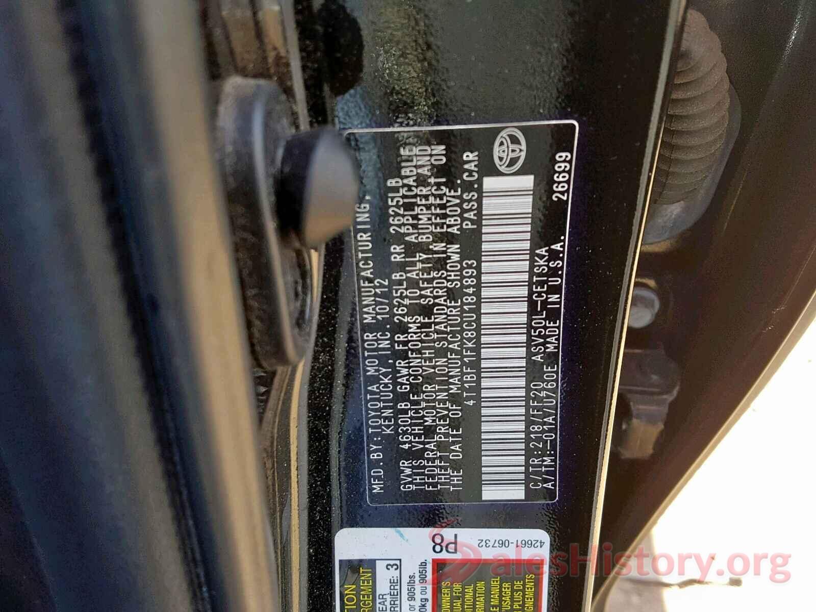 4T1BF1FK8CU184893 2012 TOYOTA CAMRY BASE