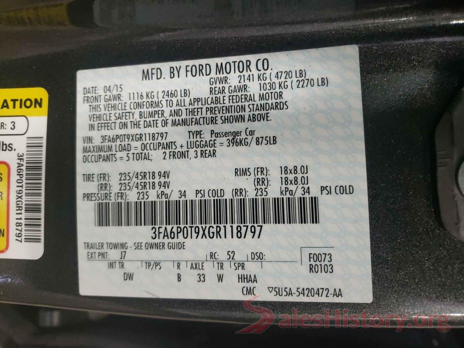 3FA6P0T9XGR118797 2016 FORD FUSION