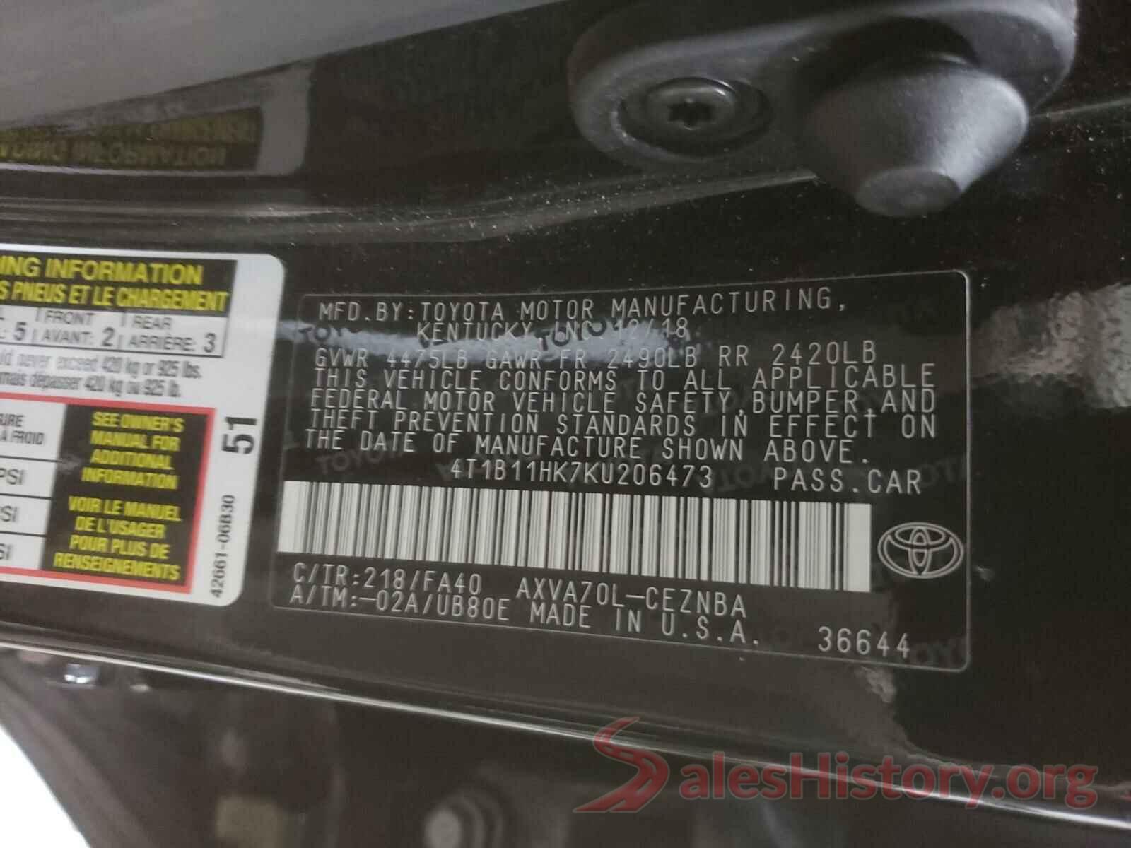 4T1B11HK7KU206473 2019 TOYOTA CAMRY