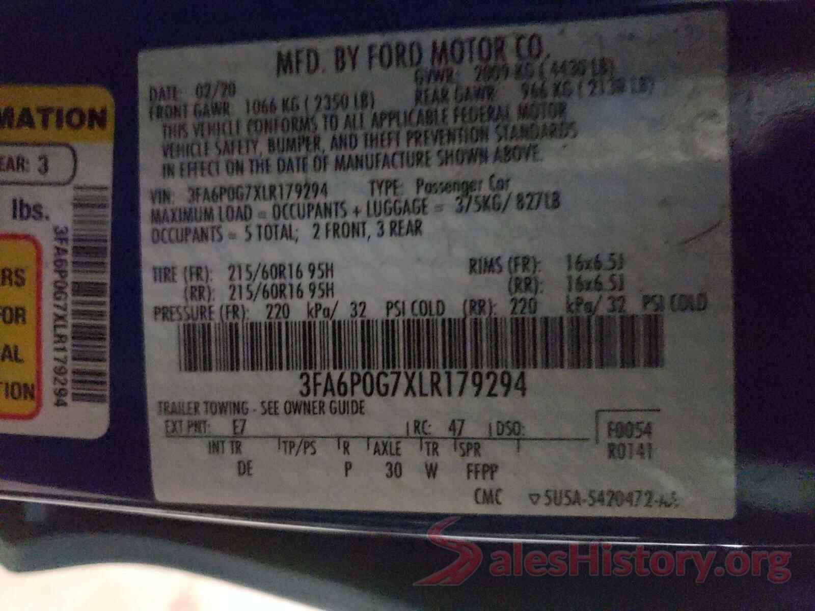 3FA6P0G7XLR179294 2020 FORD FUSION