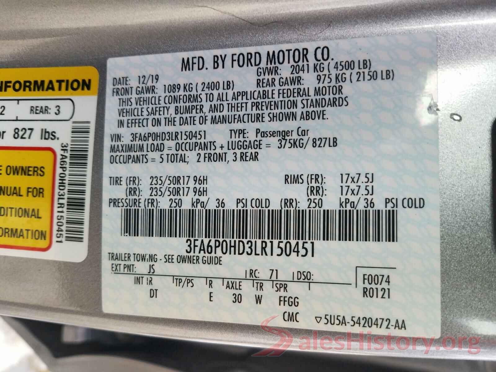 3FA6P0HD3LR150451 2020 FORD FUSION