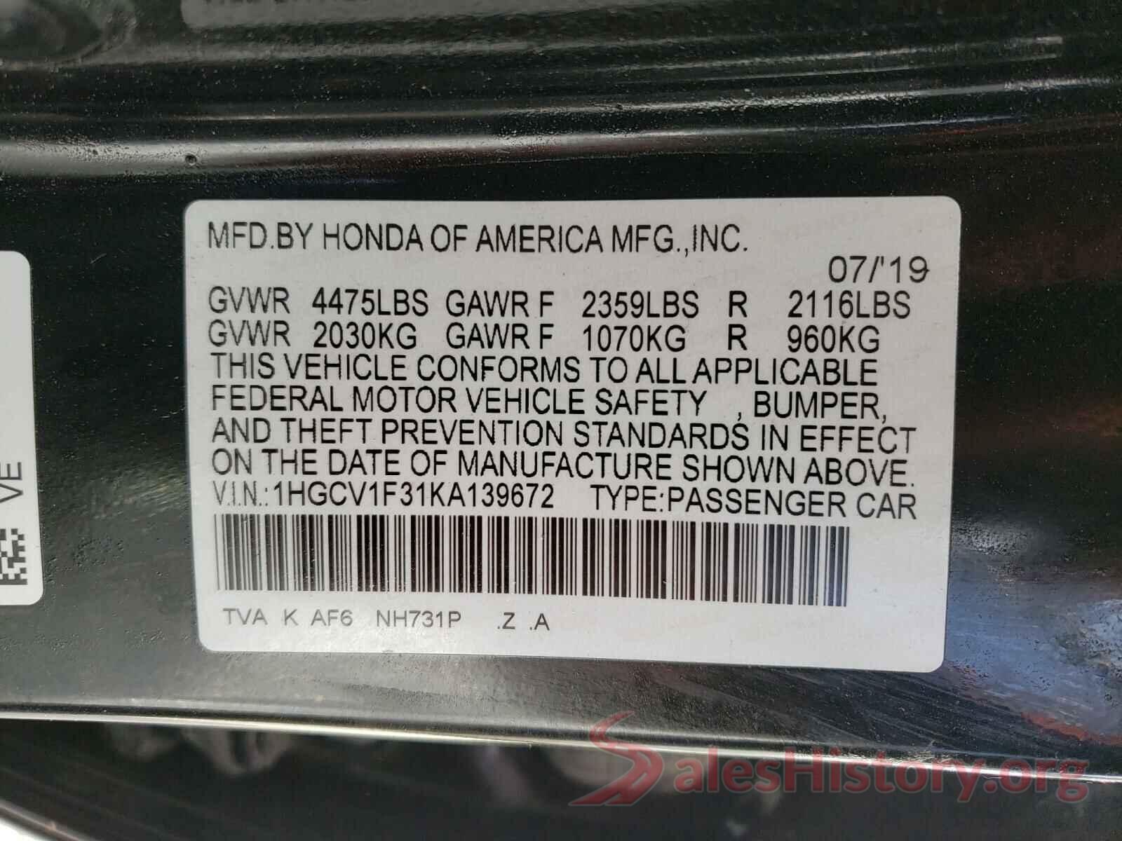 1HGCV1F31KA139672 2019 HONDA ACCORD