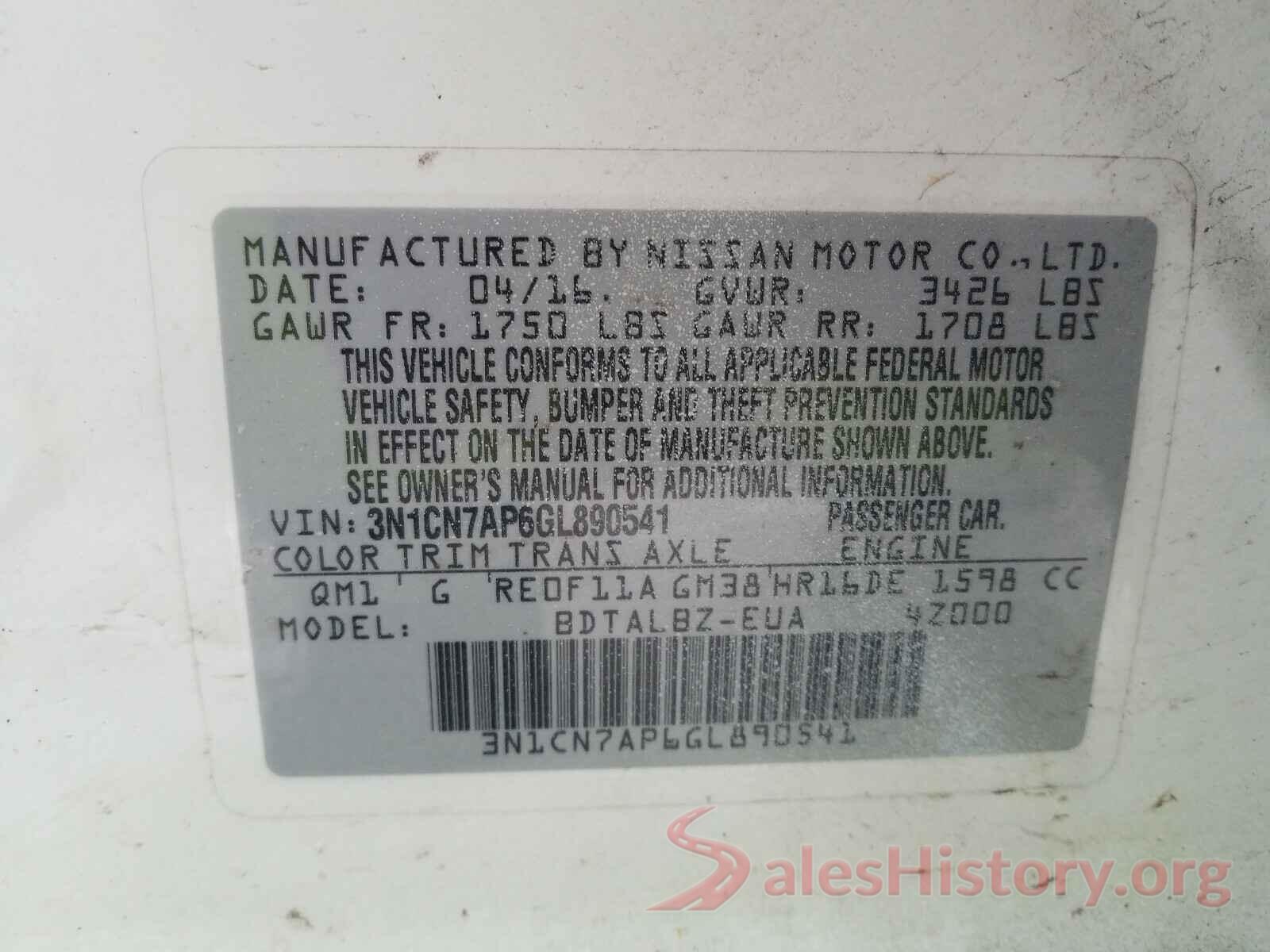 3N1CN7AP6GL890541 2016 NISSAN VERSA