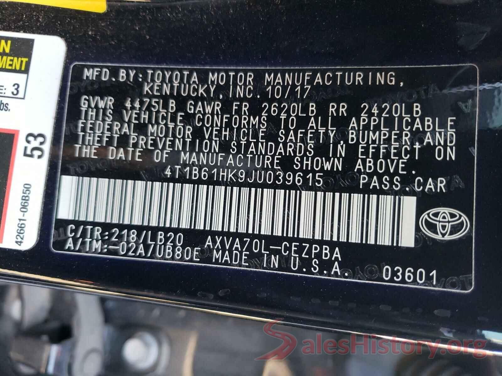 4T1B61HK9JU039615 2018 TOYOTA CAMRY