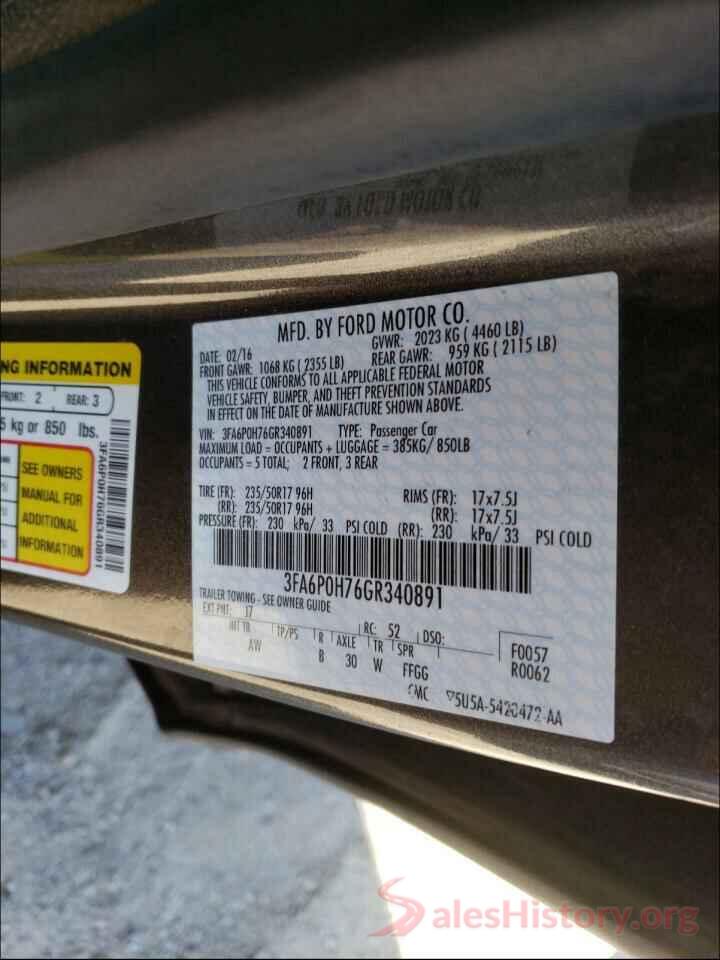 3FA6P0H76GR340891 2016 FORD FUSION