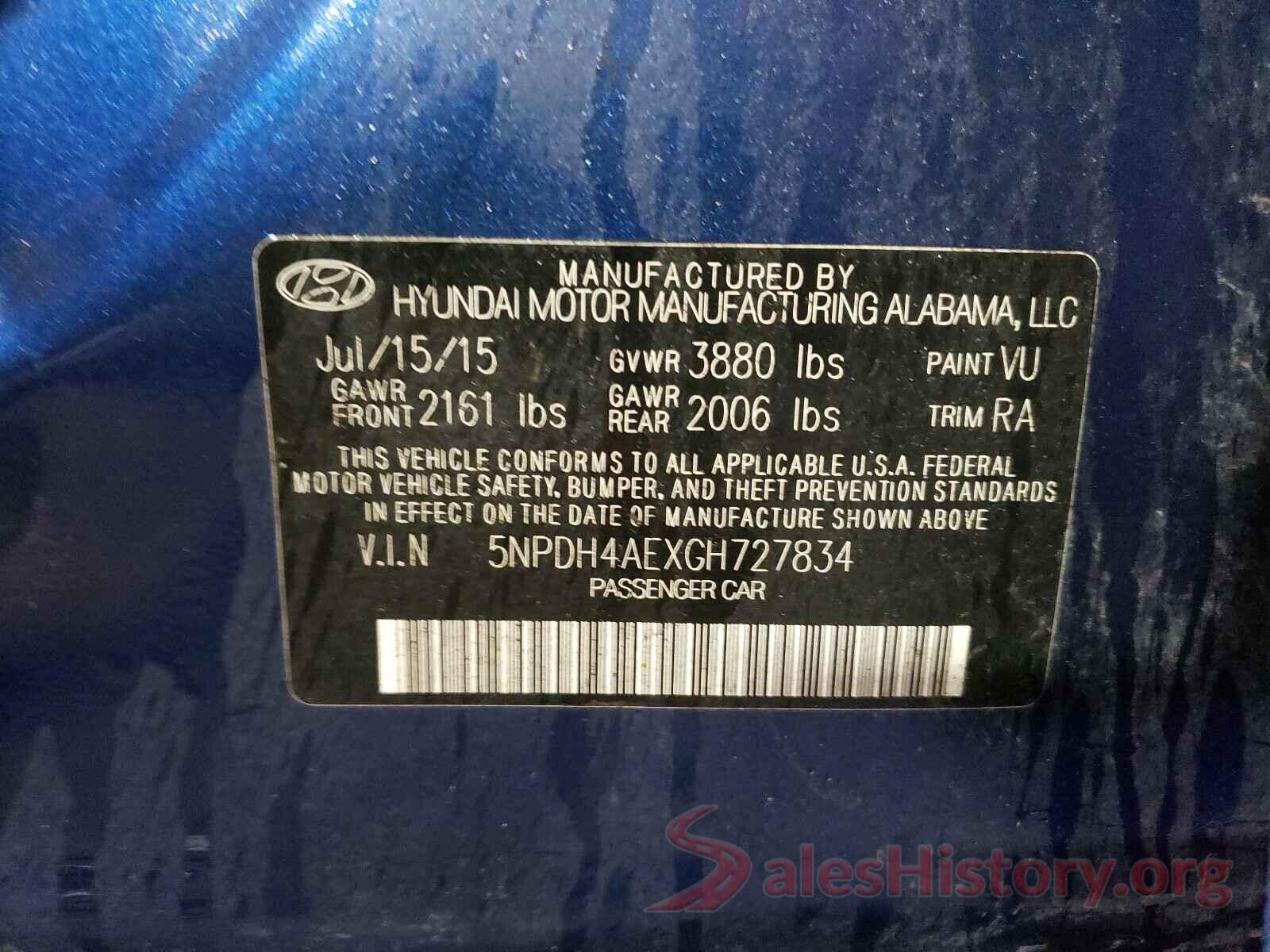 5NPDH4AEXGH727834 2016 HYUNDAI ELANTRA