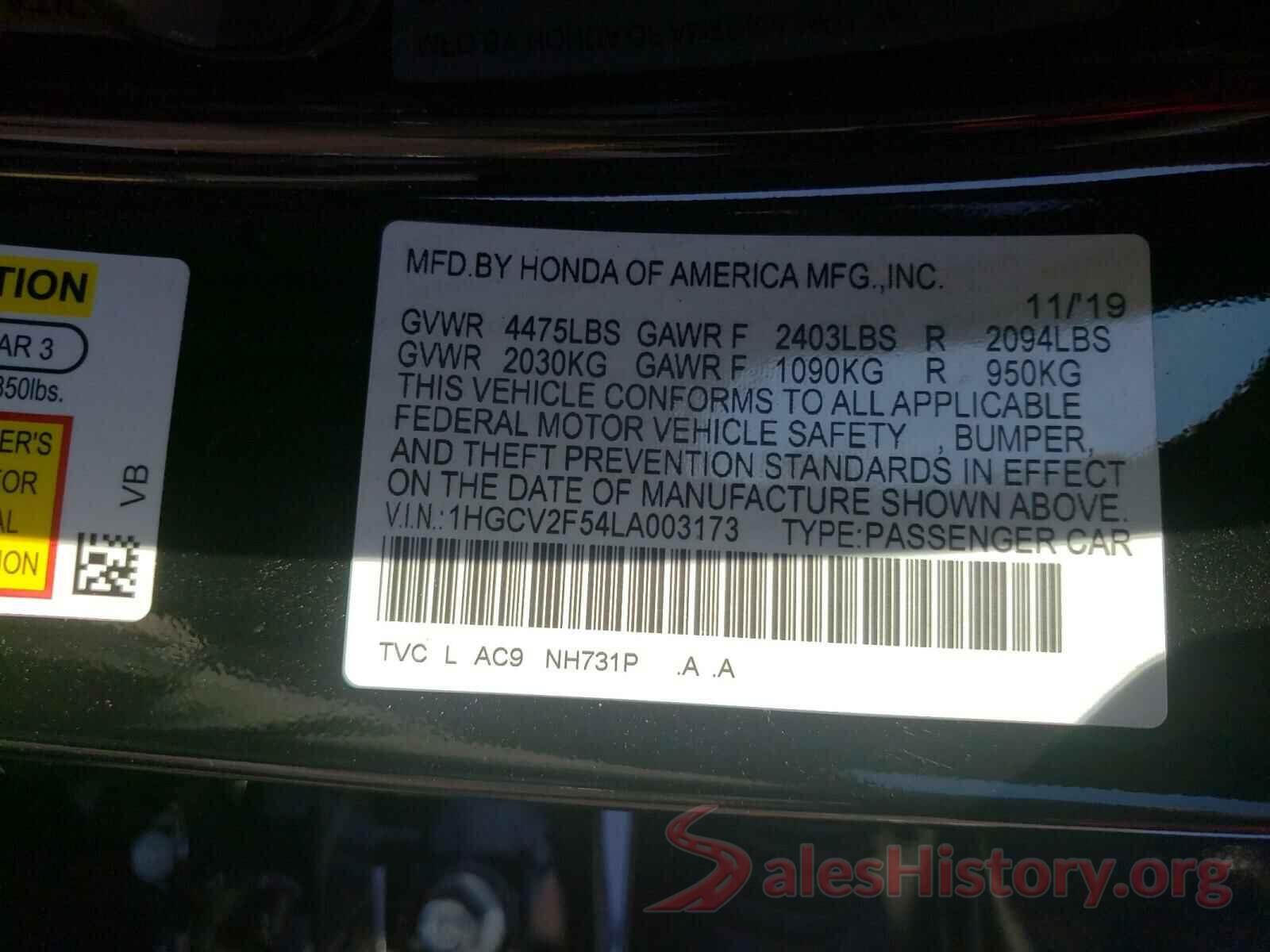 1HGCV2F54LA003173 2020 HONDA ACCORD