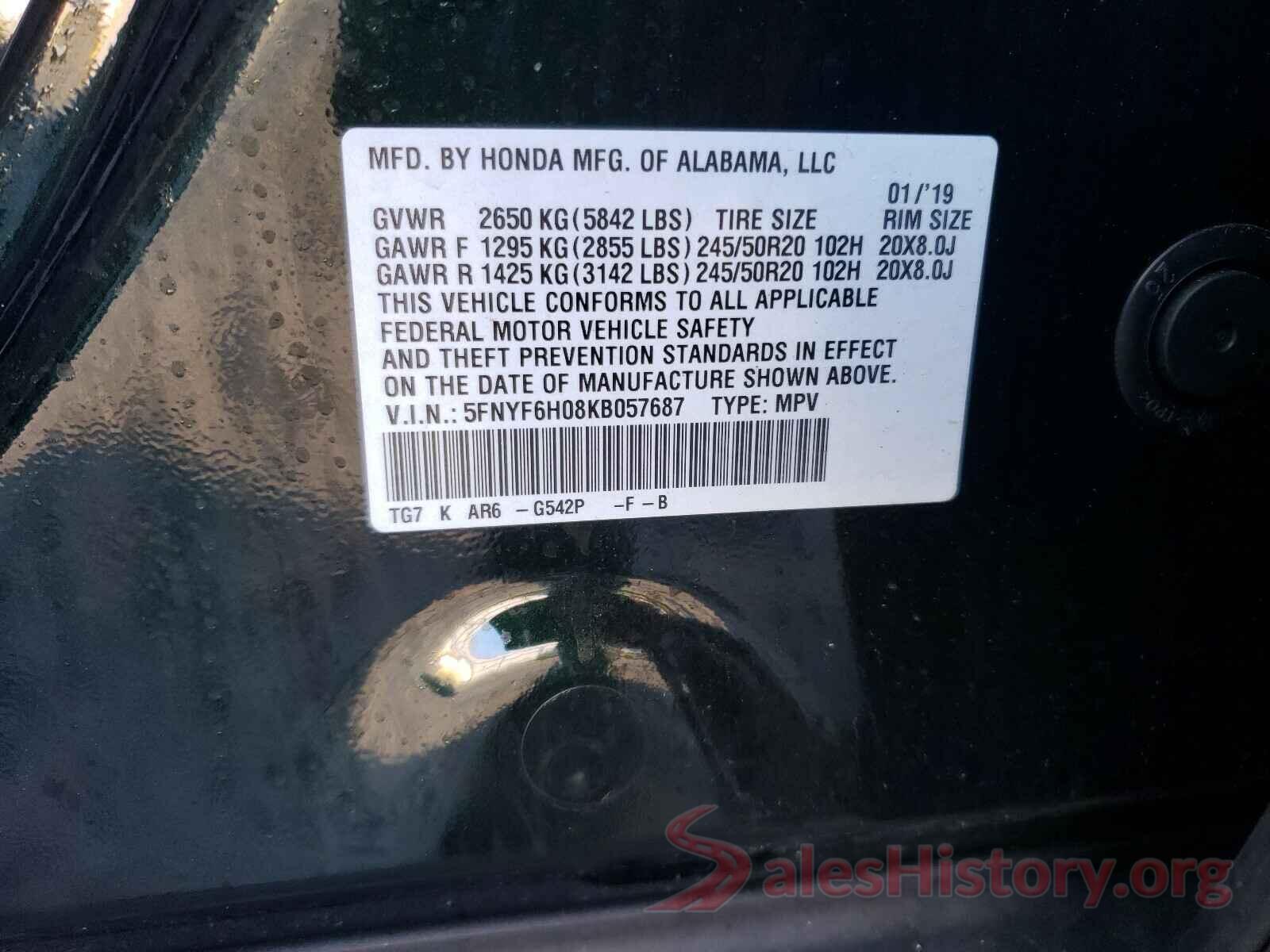 5FNYF6H08KB057687 2019 HONDA PILOT