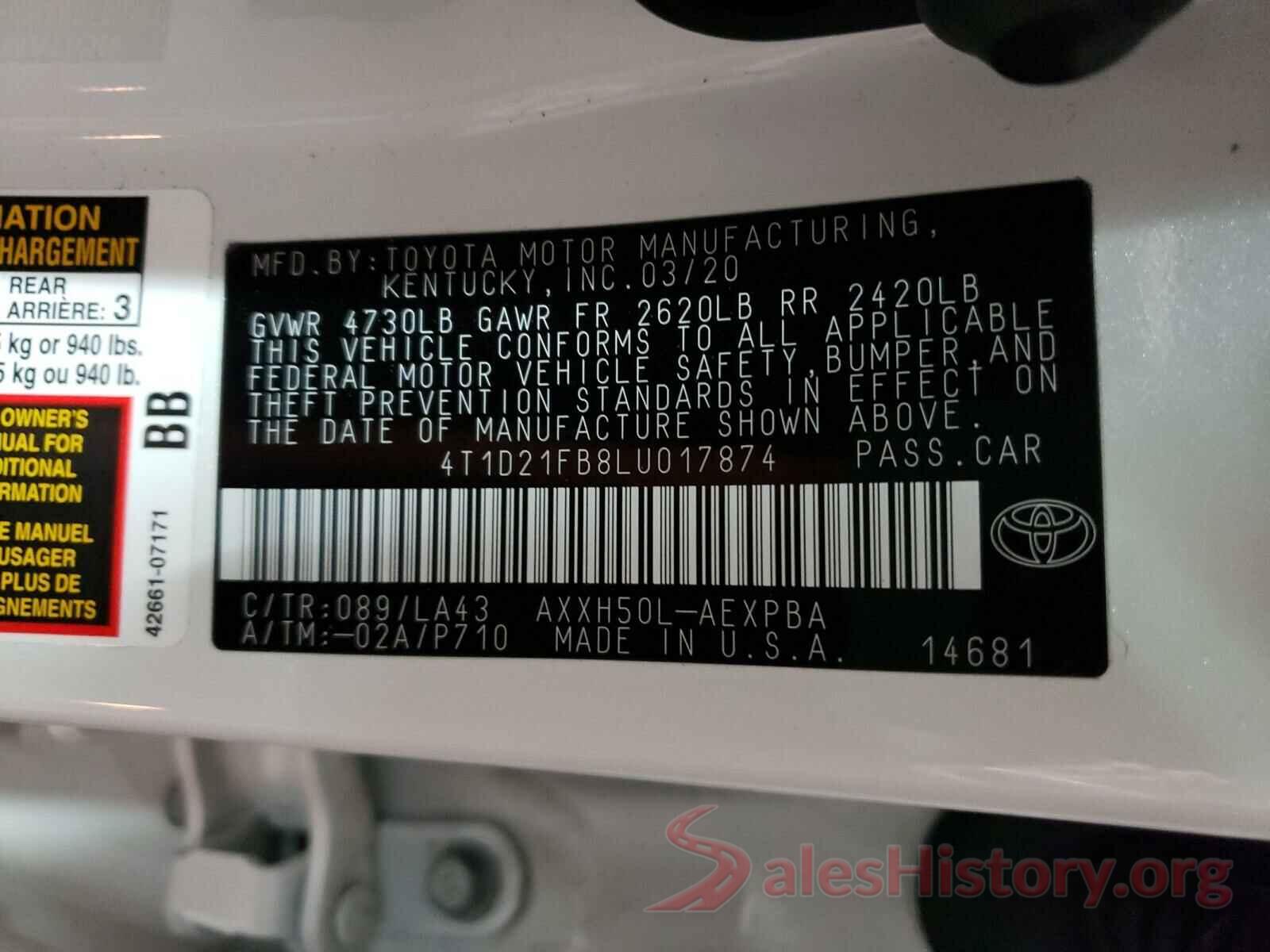 4T1D21FB8LU017874 2020 TOYOTA AVALON