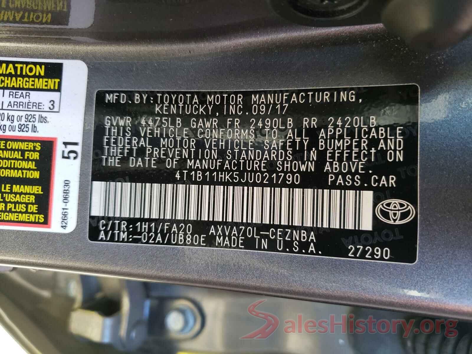 4T1B11HK5JU021790 2018 TOYOTA CAMRY