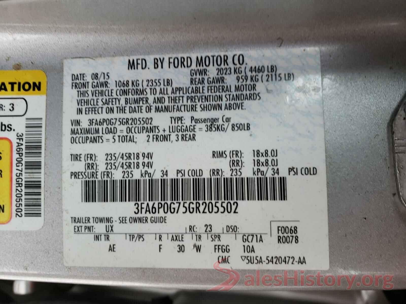 3FA6P0G75GR205502 2016 FORD FUSION