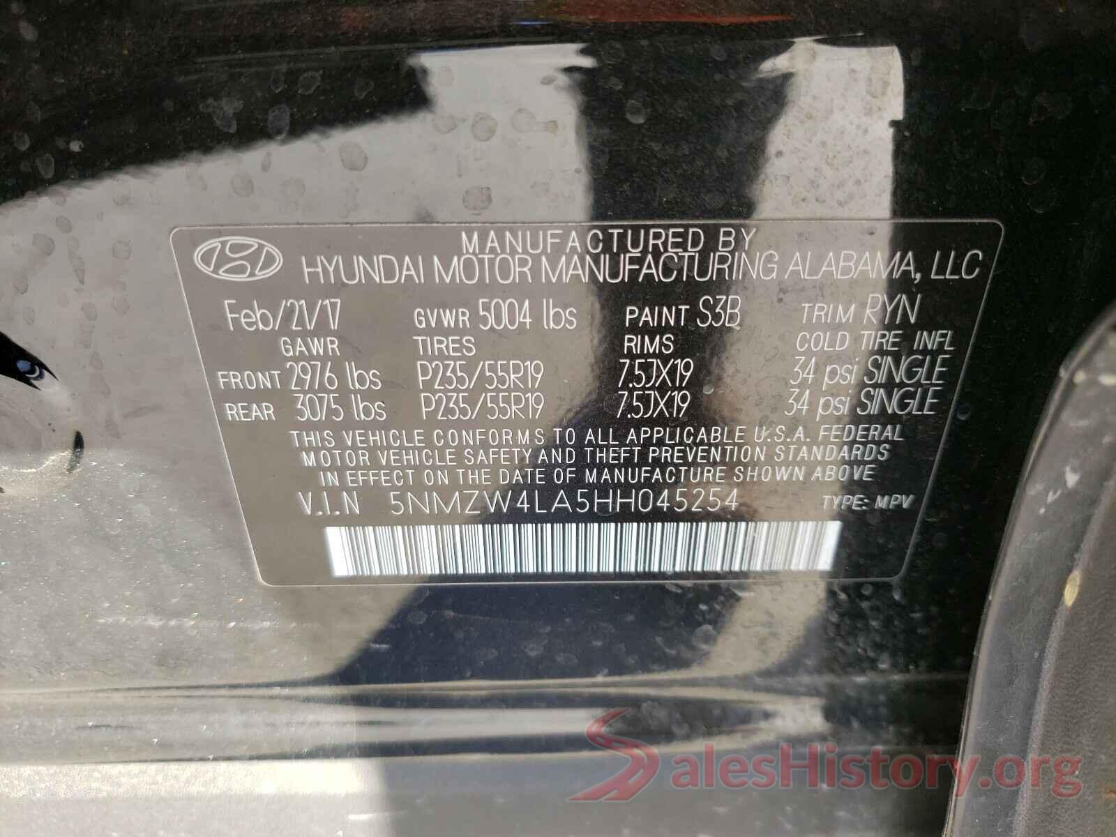 5NMZW4LA5HH045254 2017 HYUNDAI SANTA FE