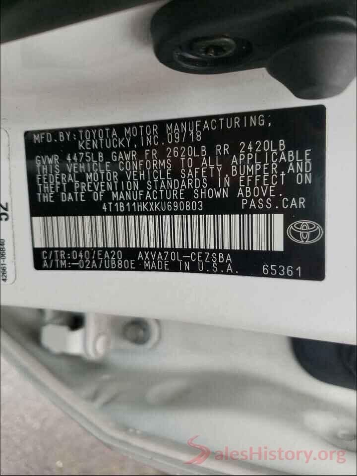 4T1B11HKXKU690803 2019 TOYOTA CAMRY