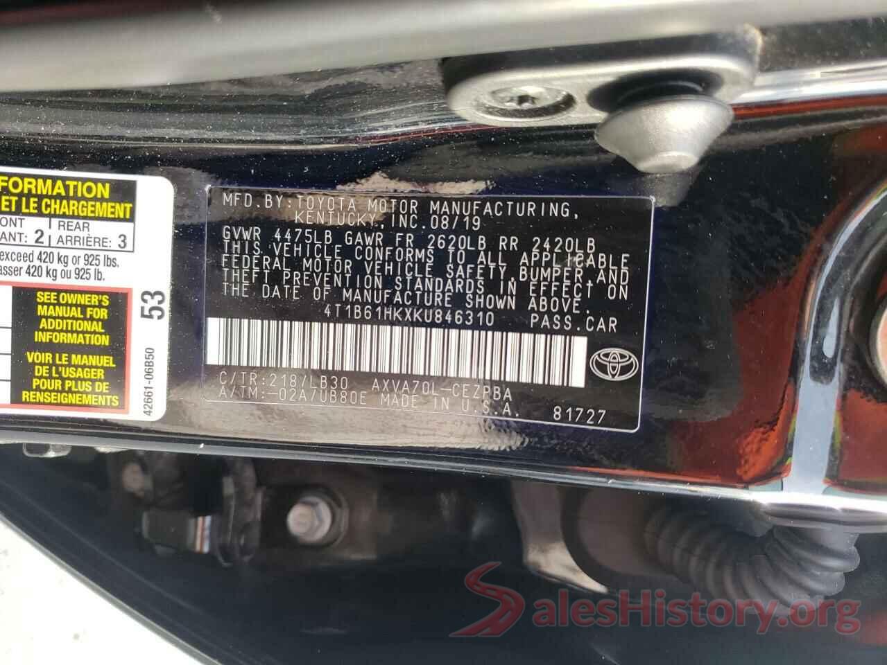 4T1B61HKXKU846310 2019 TOYOTA CAMRY