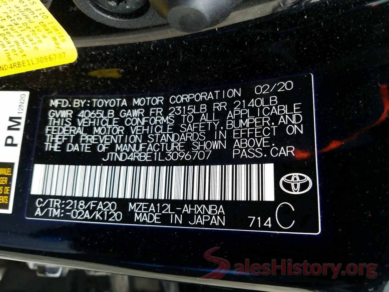 JTND4RBE1L3096707 2020 TOYOTA COROLLA