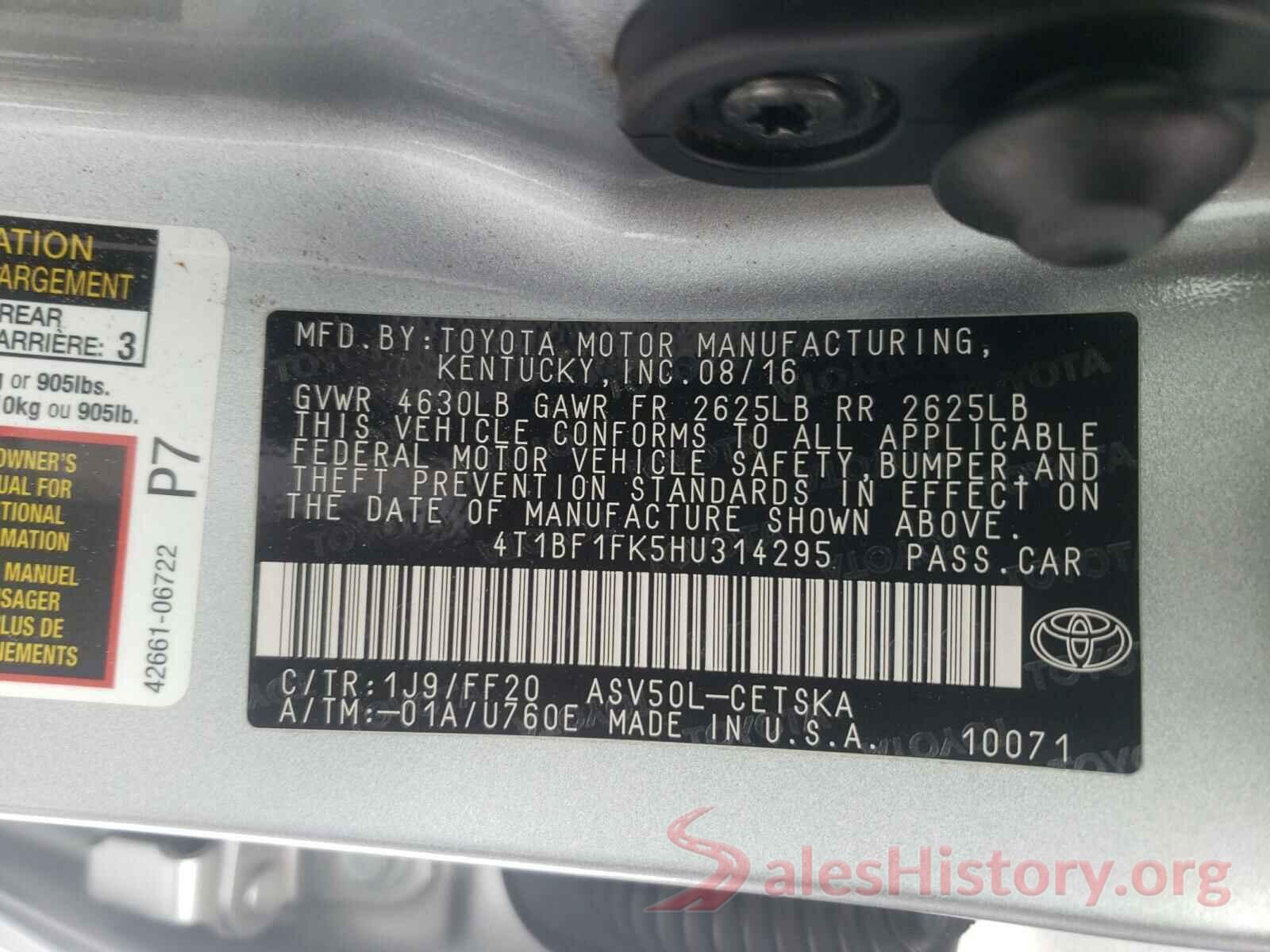 4T1BF1FK5HU314295 2017 TOYOTA CAMRY