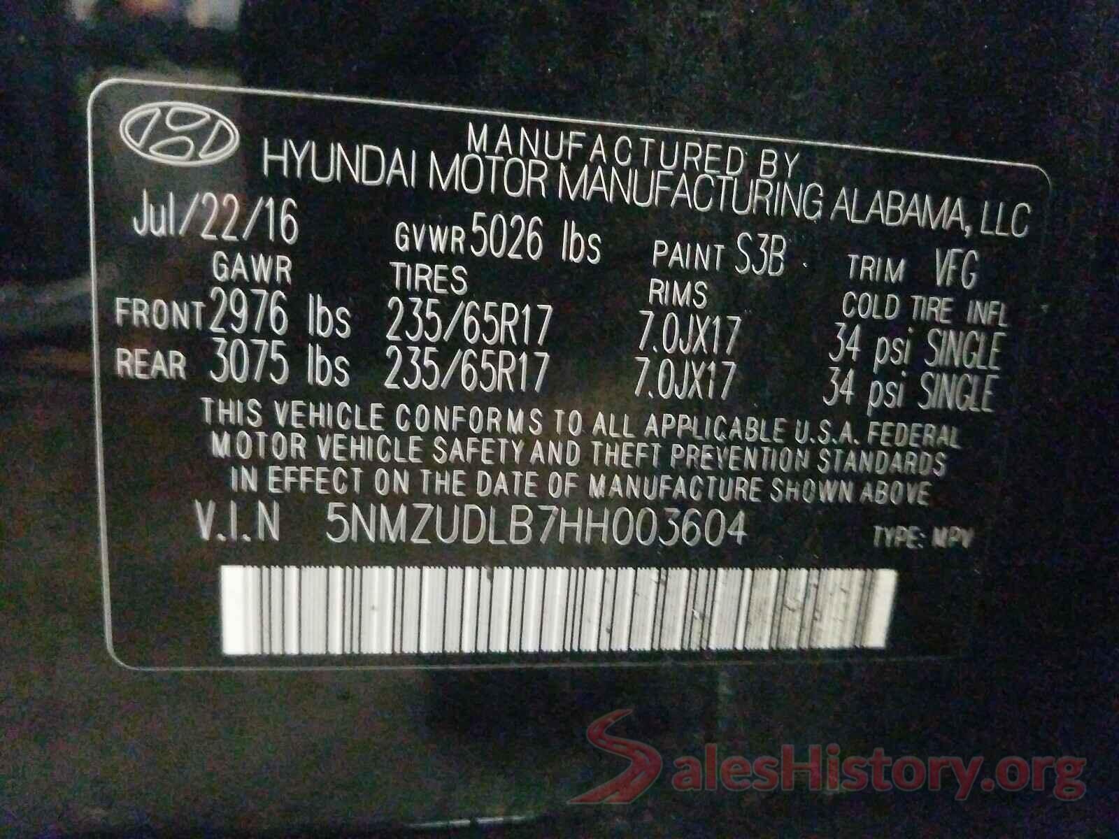 5NMZUDLB7HH003604 2017 HYUNDAI SANTA FE