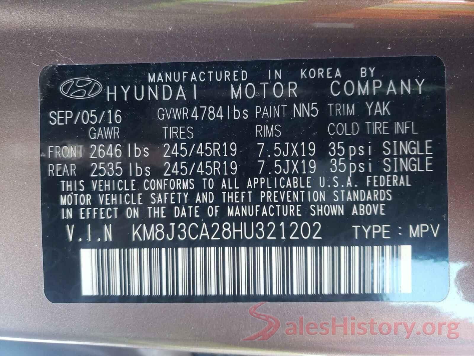 KM8J3CA28HU321202 2017 HYUNDAI TUCSON