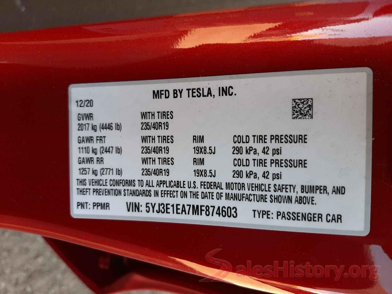 5YJ3E1EA7MF874603 2021 TESLA MODEL 3