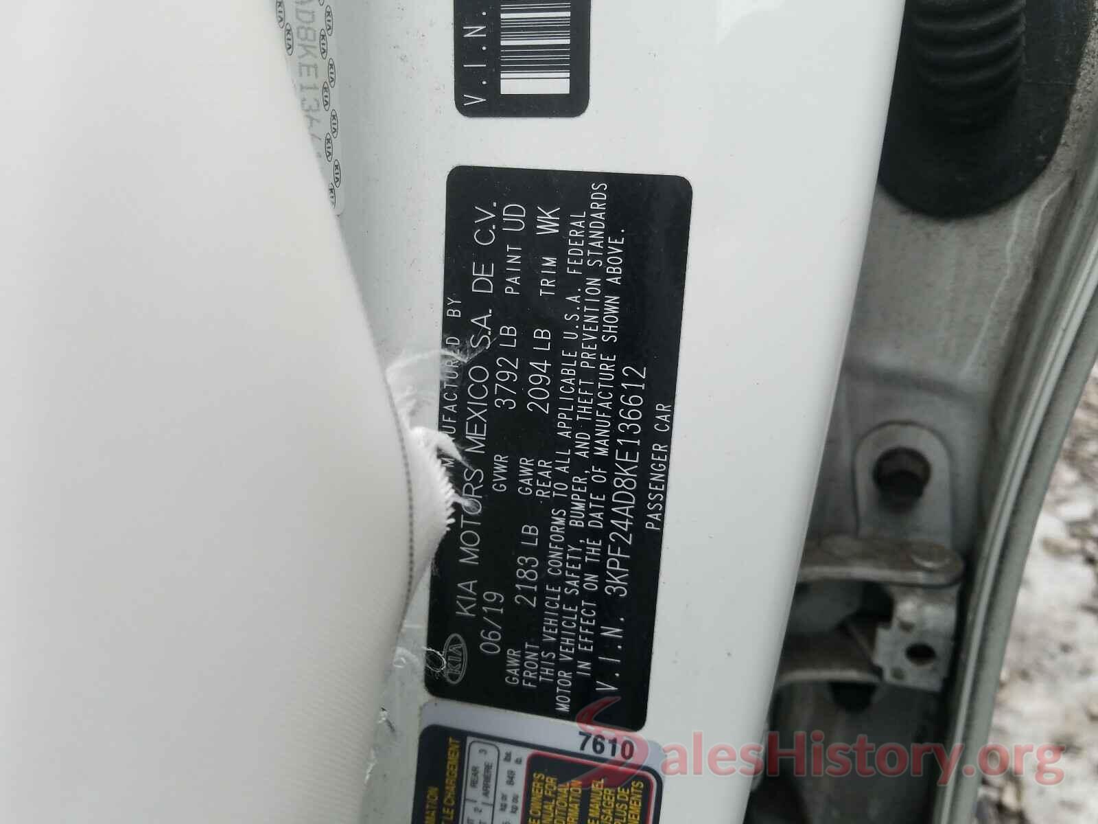 3KPF24AD8KE136612 2019 KIA FORTE