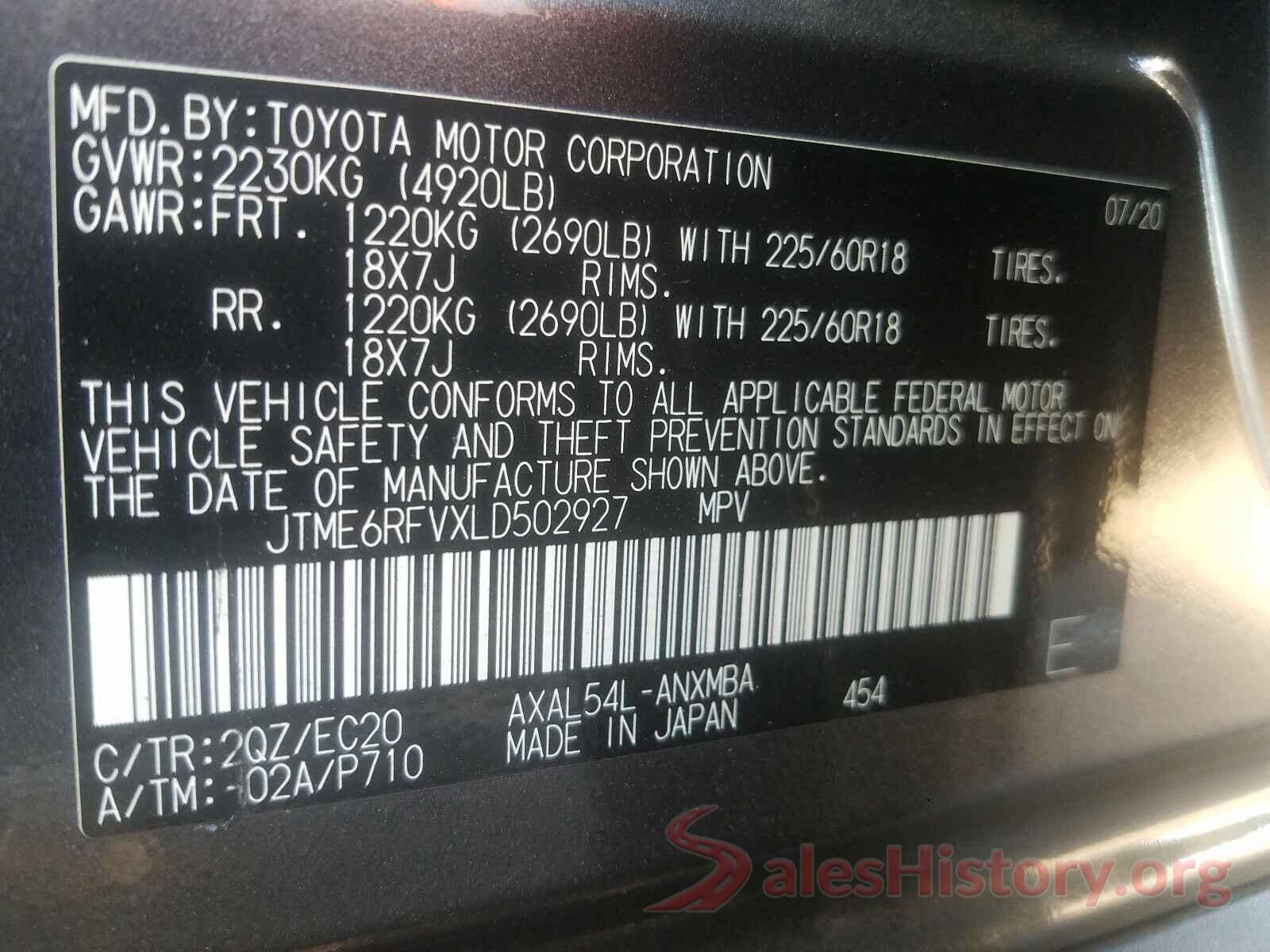 JTME6RFVXLD502927 2020 TOYOTA RAV4