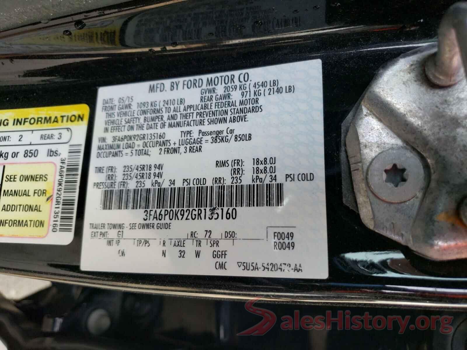 3FA6P0K92GR135160 2016 FORD FUSION