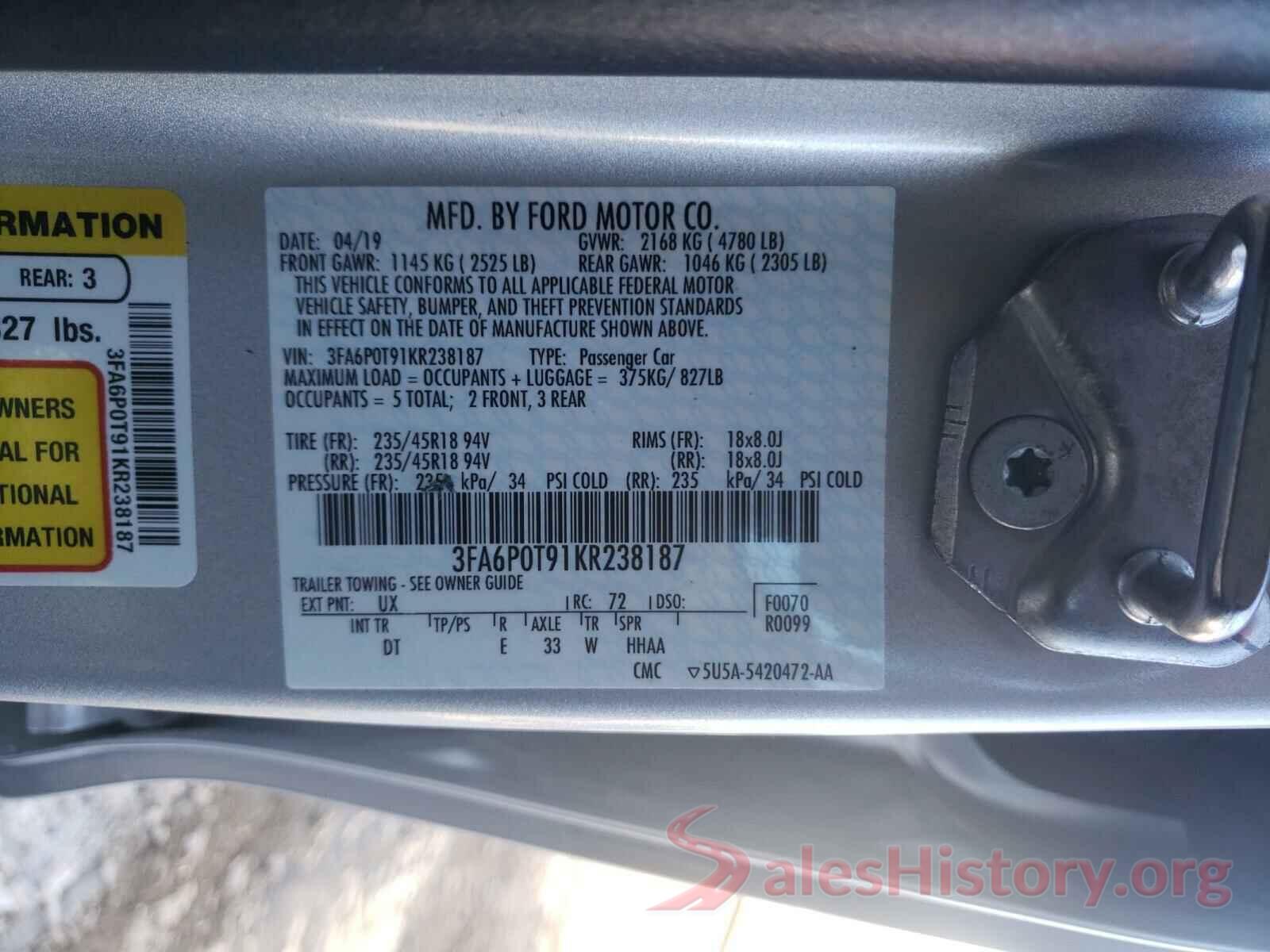 3FA6P0T91KR238187 2019 FORD FUSION