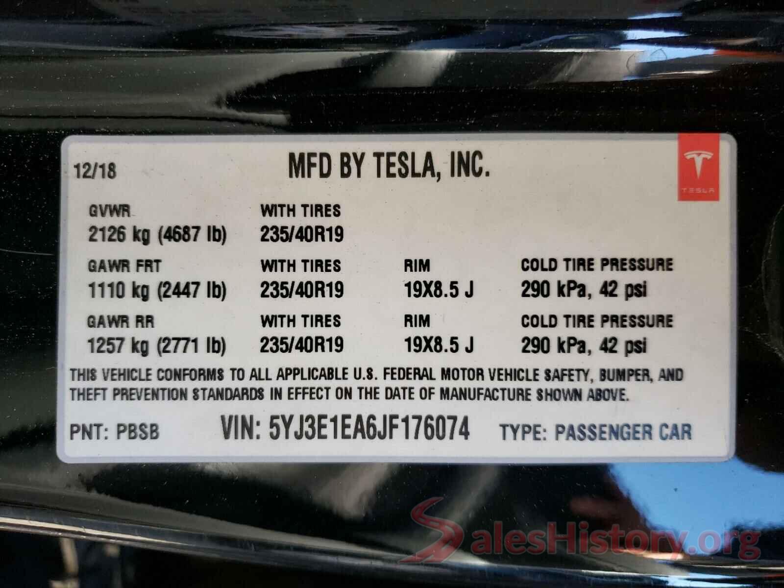 5YJ3E1EA6JF176074 2018 TESLA MODEL 3