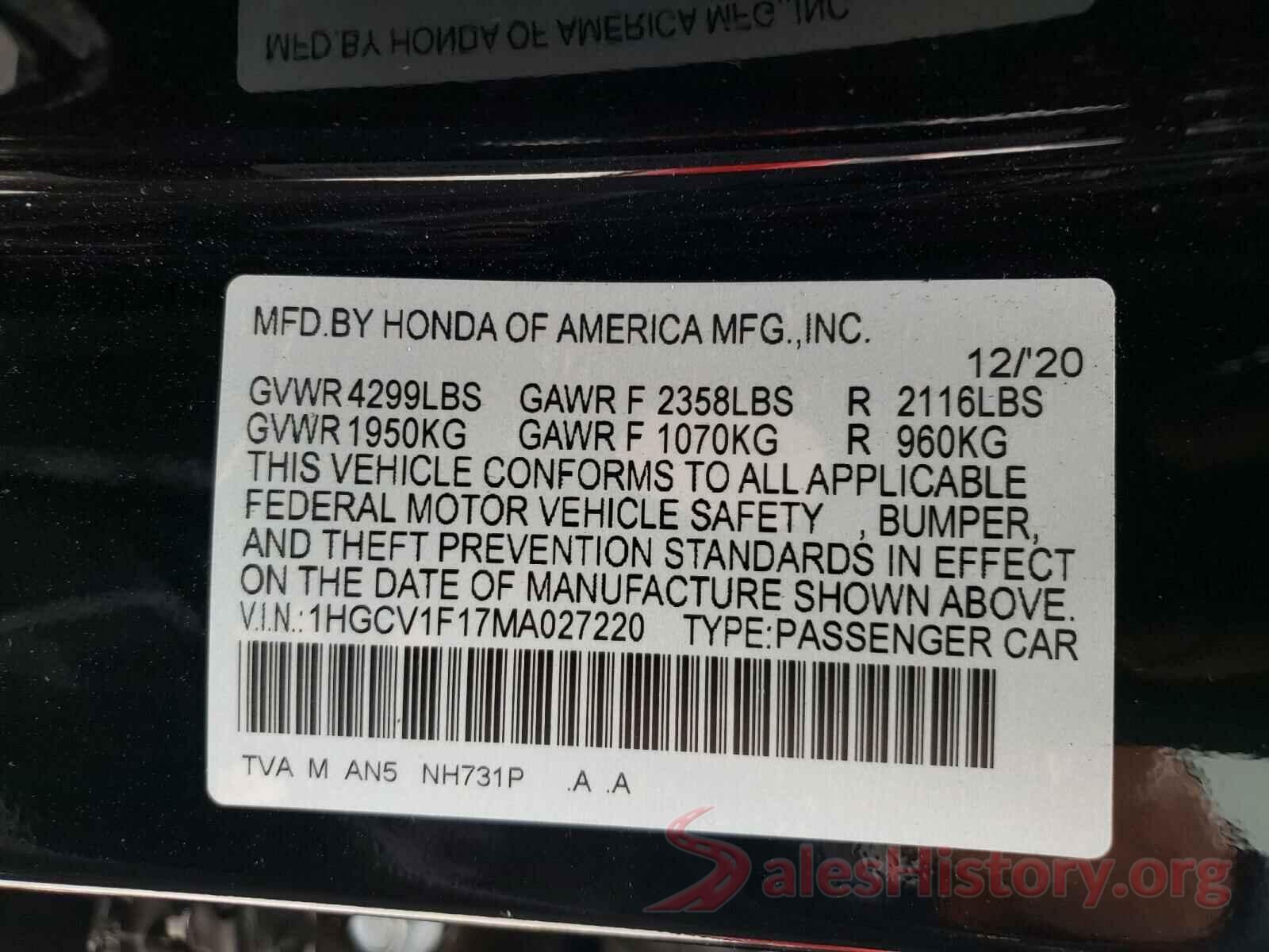 1HGCV1F17MA027220 2021 HONDA ACCORD