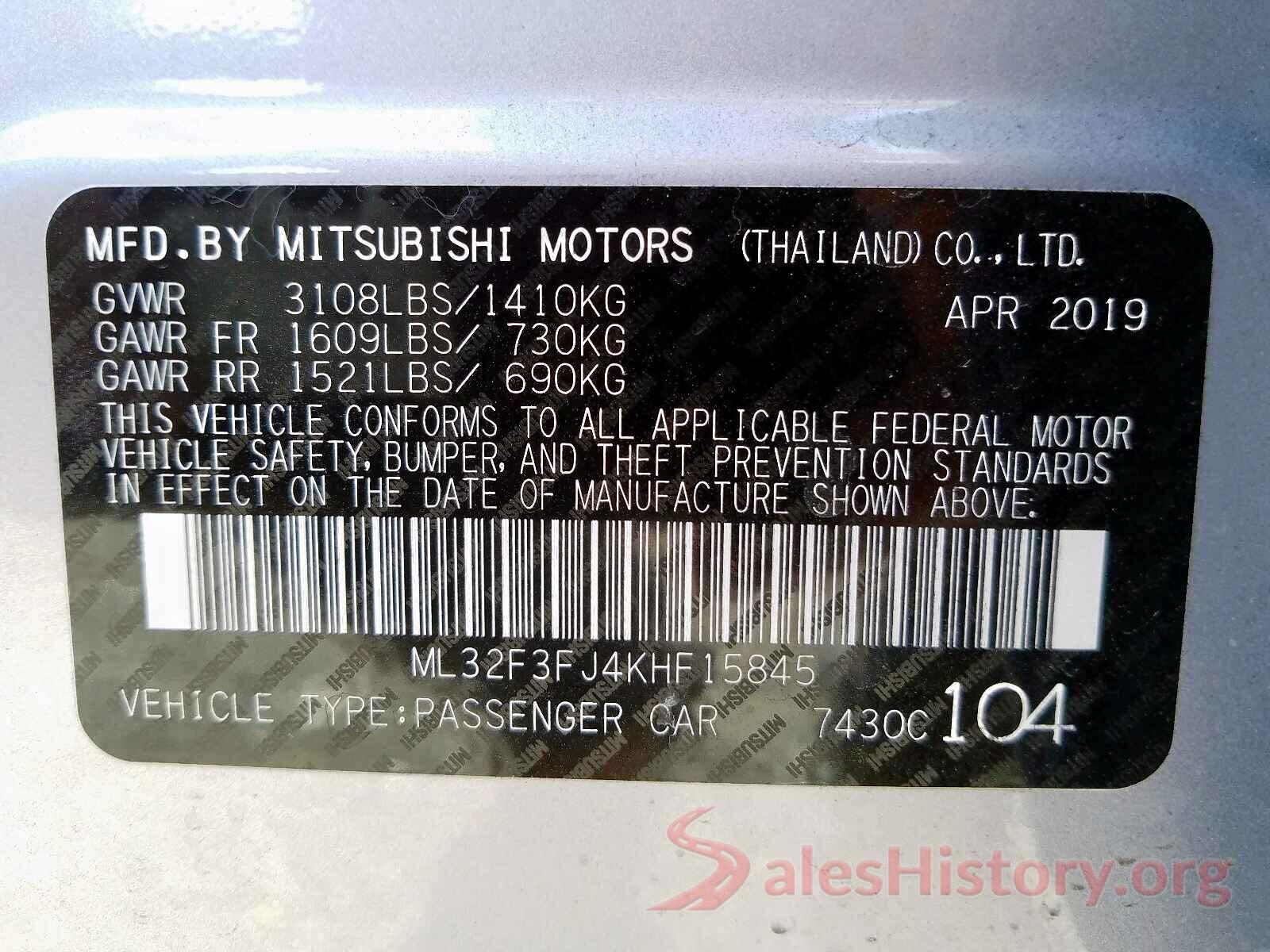 ML32F3FJ4KHF15845 2019 MITSUBISHI MIRAGE