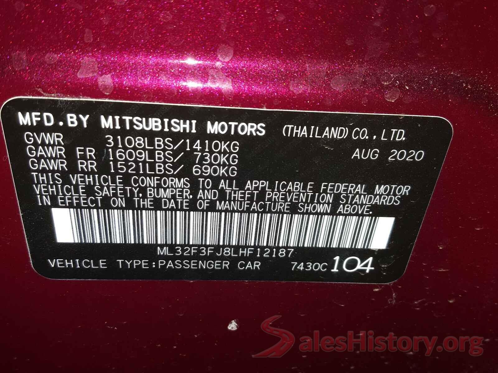 ML32F3FJ8LHF12187 2020 MITSUBISHI MIRAGE