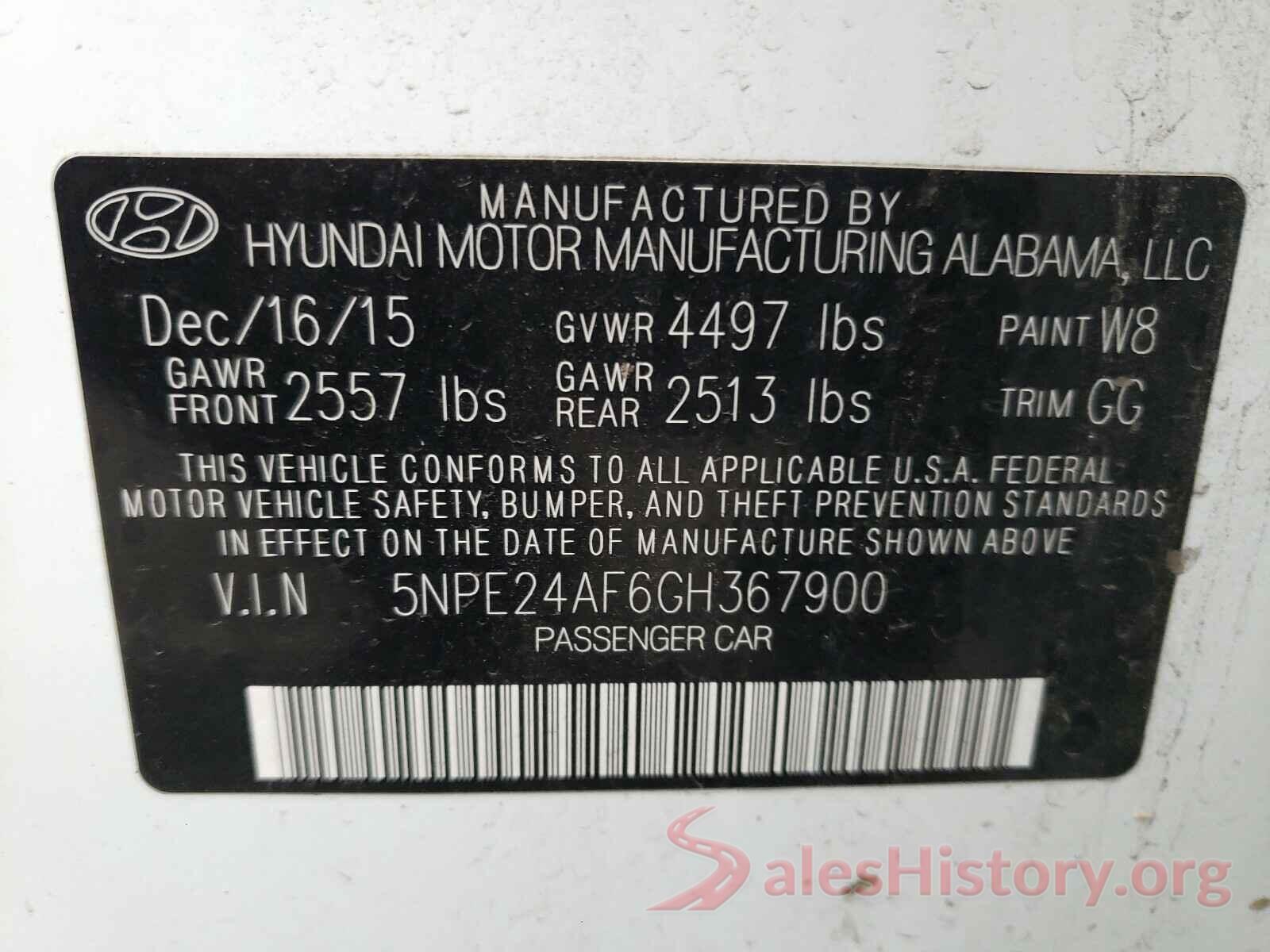 5NPE24AF6GH367900 2016 HYUNDAI SONATA