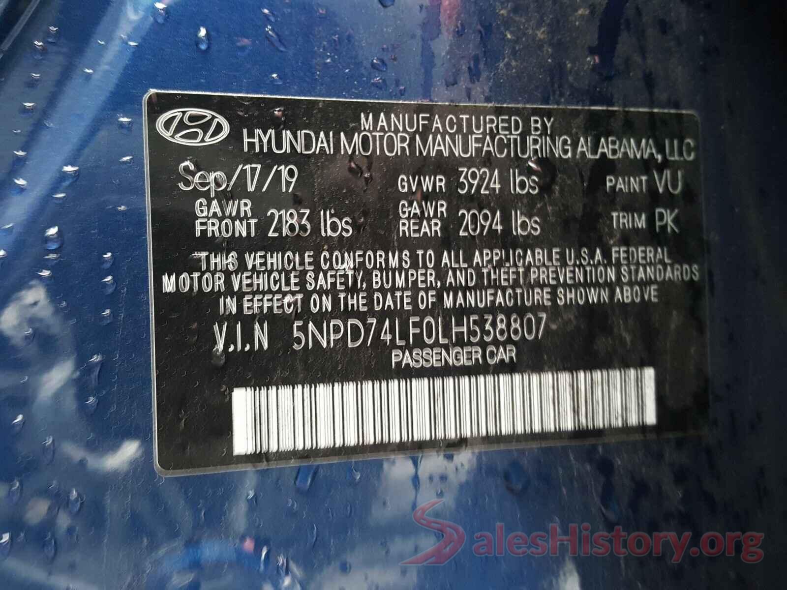 5NPD74LF0LH538807 2020 HYUNDAI ELANTRA