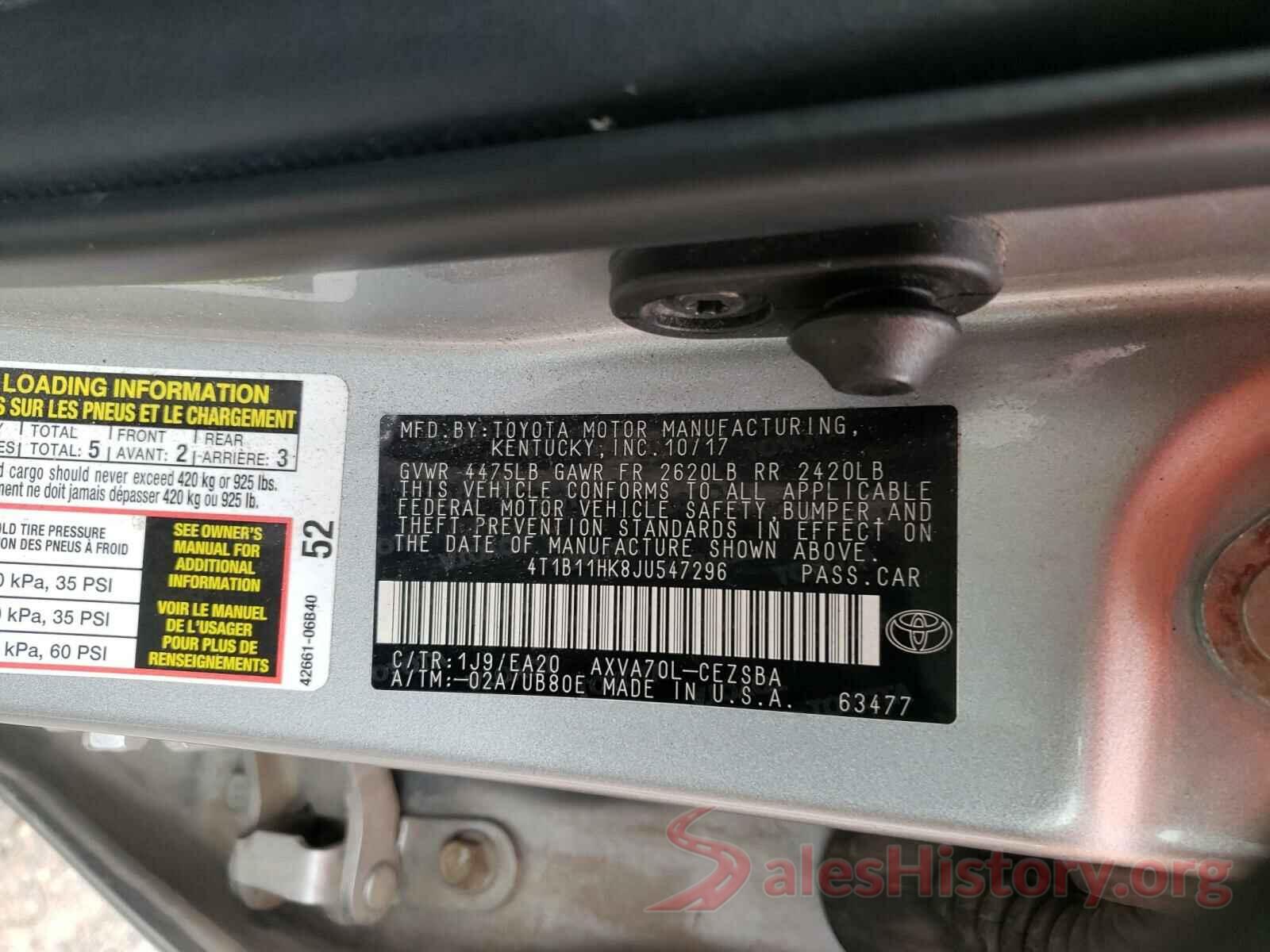 4T1B11HK8JU547296 2018 TOYOTA CAMRY