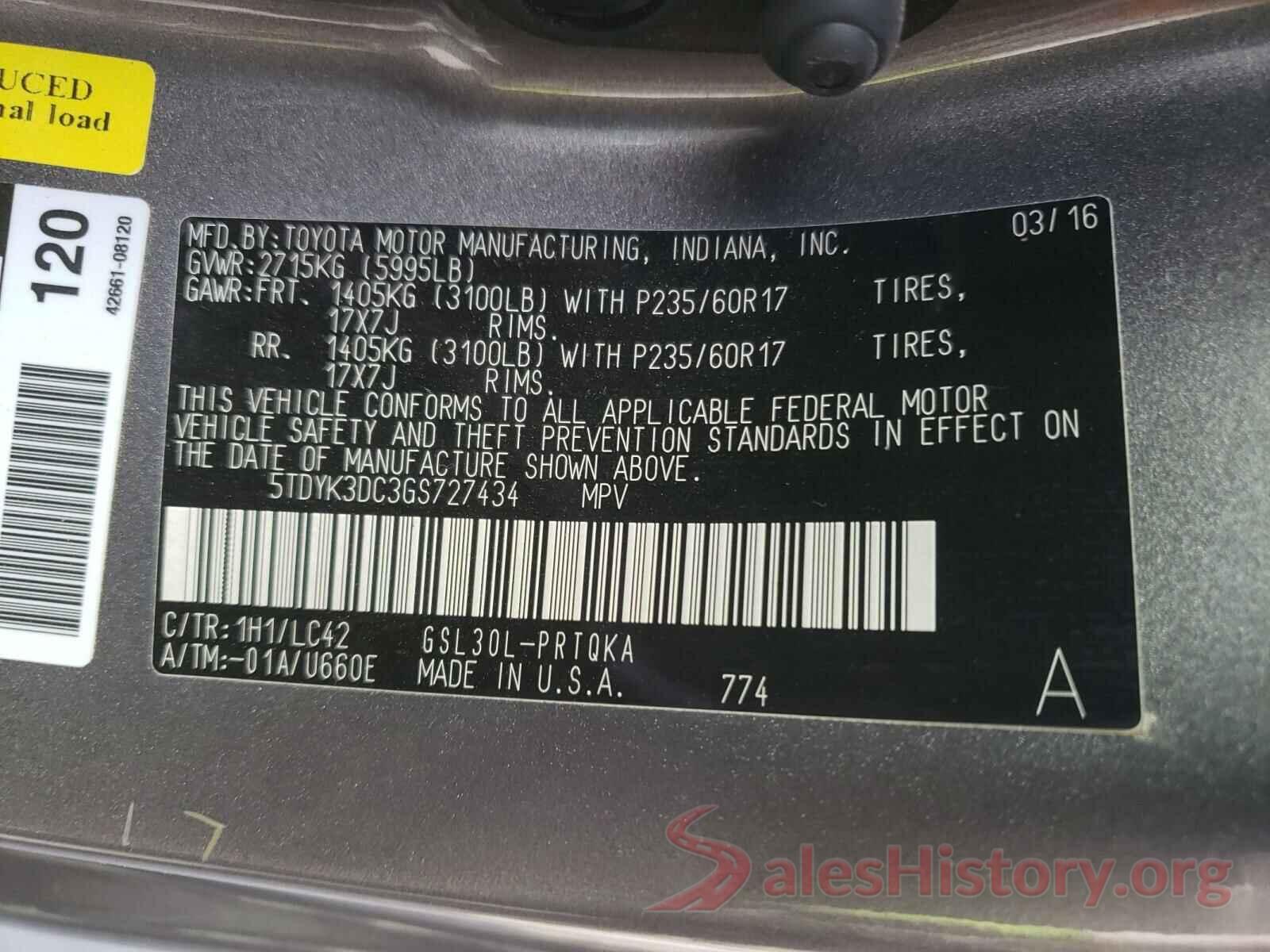 5TDYK3DC3GS727434 2016 TOYOTA SIENNA