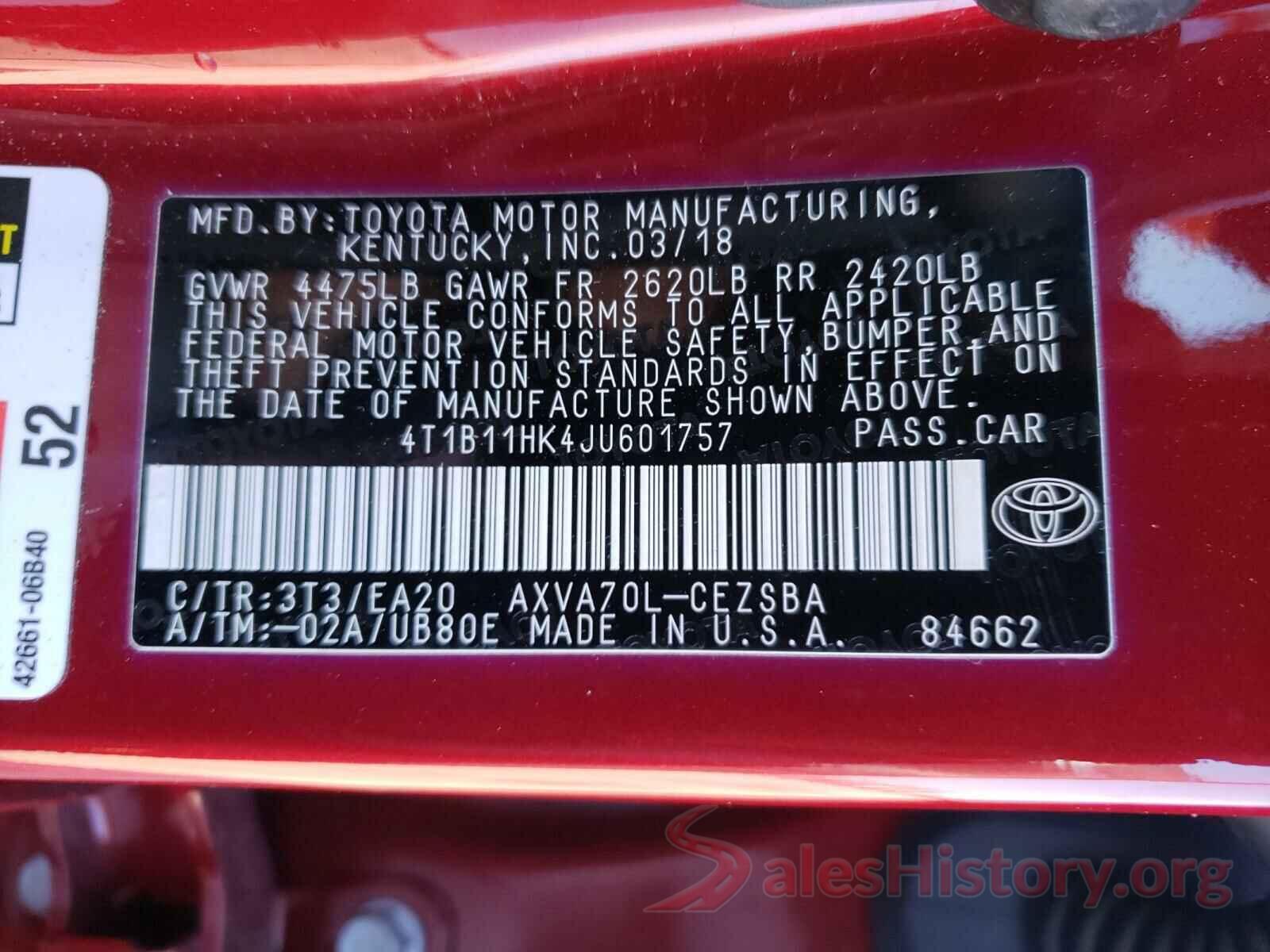 4T1B11HK4JU601757 2018 TOYOTA CAMRY