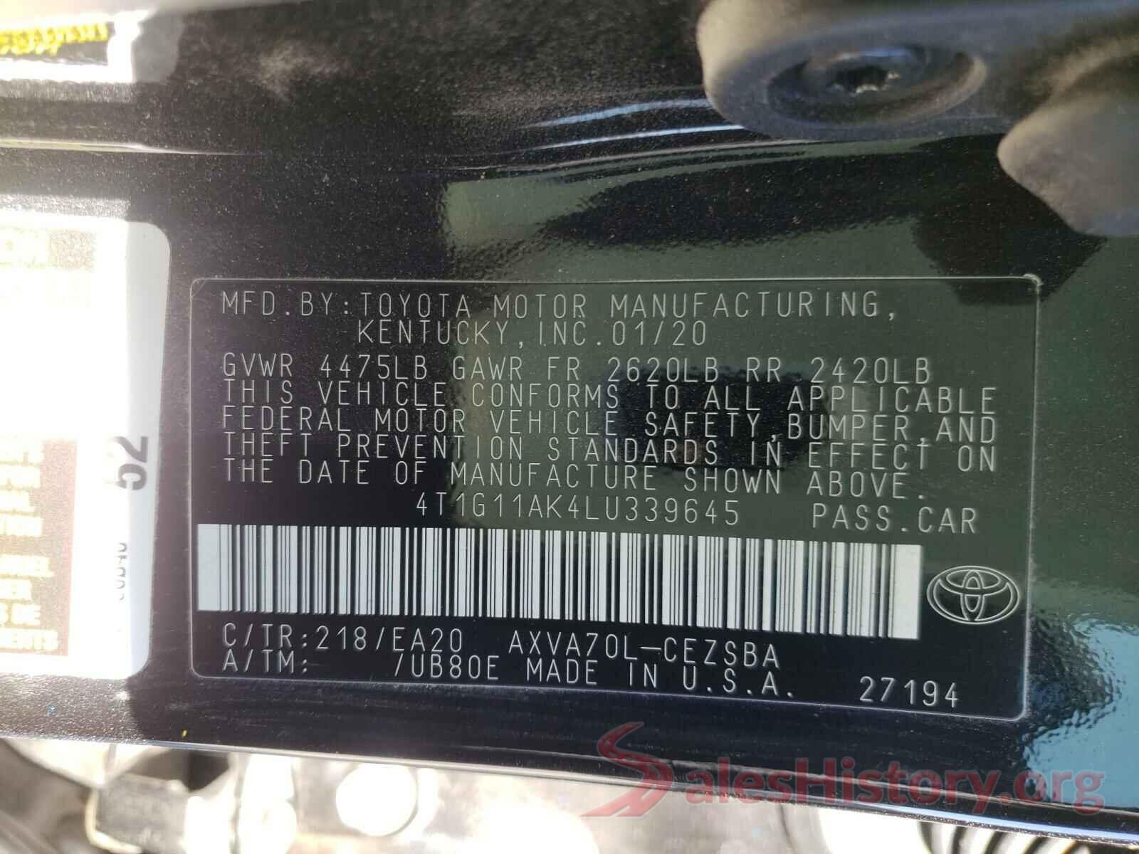 4T1G11AK4LU339645 2020 TOYOTA CAMRY