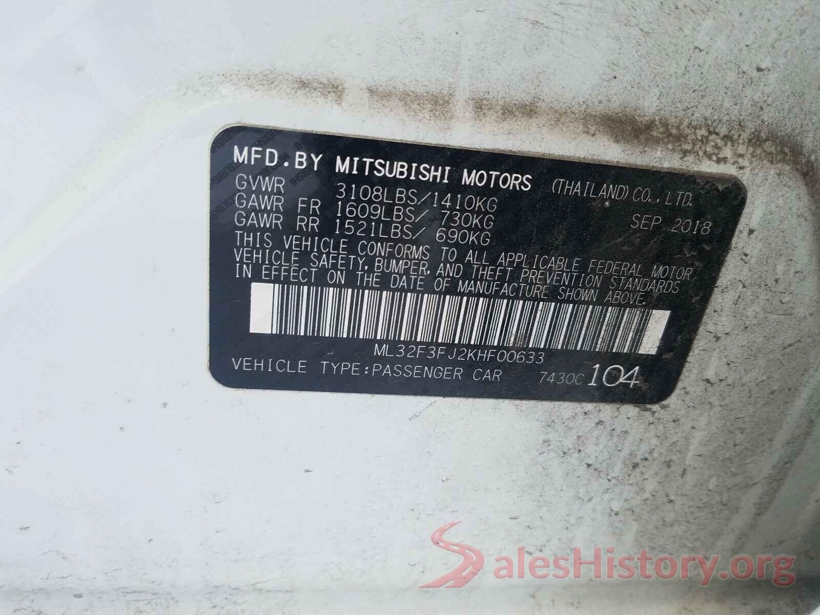 ML32F3FJ2KHF00633 2019 MITSUBISHI MIRAGE